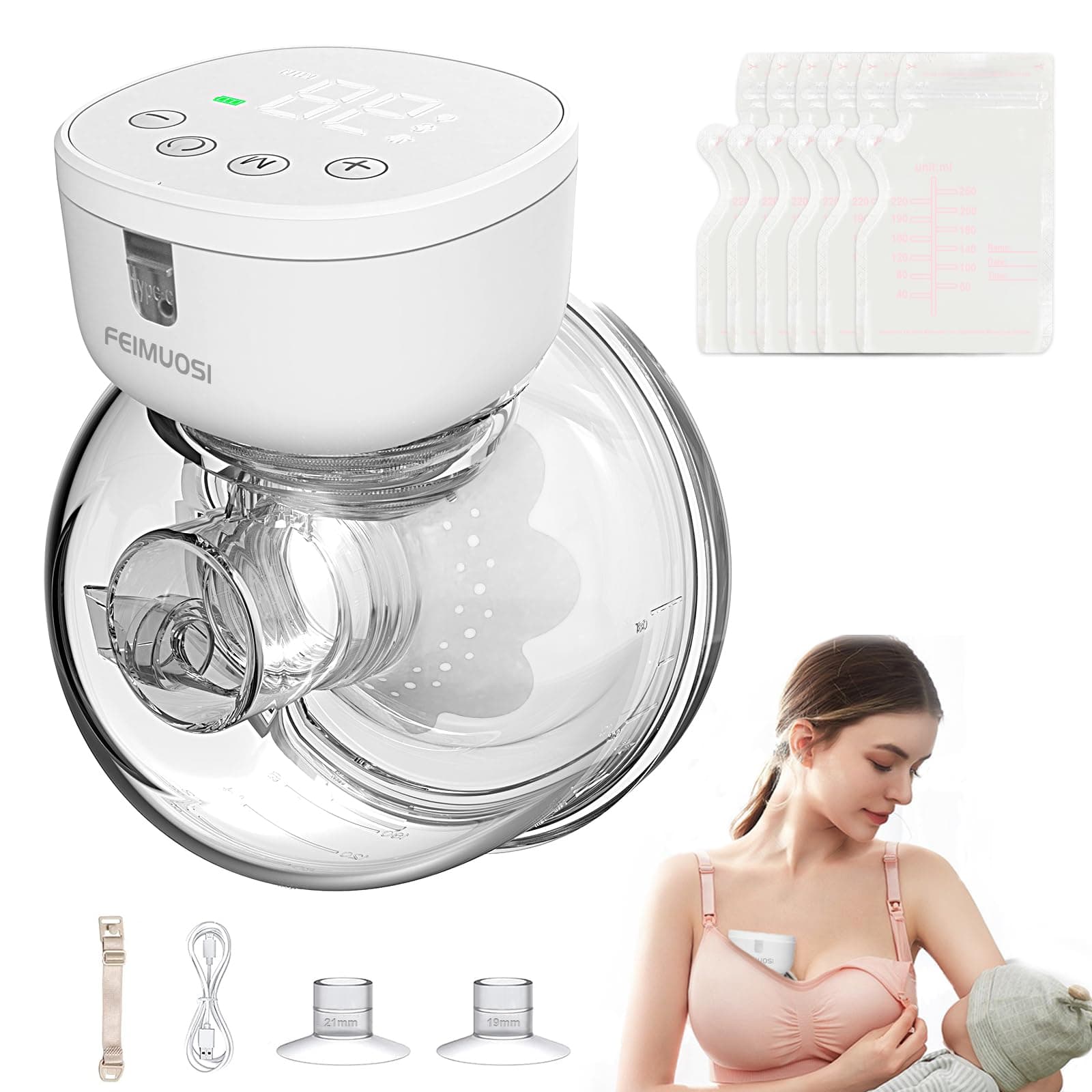 Wearable Breast Pump Hands Free, Portable Electric Breast Pumps 3 Modes 9 Levels Leak-Proof Massage Function Rechargeable Wireless Low Noise Painless Breastfeeding Pump Single 19/21/24mm Flange