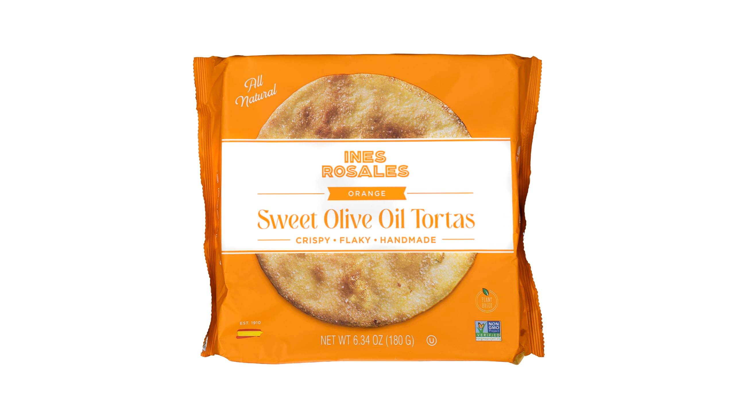 Ines Rosales Seville Orange Sweet Olive Oil Tortas (Pack of 5) (Tortas con Naranja Sevillana) 6.34 Oz (180 g) pack, each contains six Fine Mediterranean Crisps (Tortas) individually wrapped