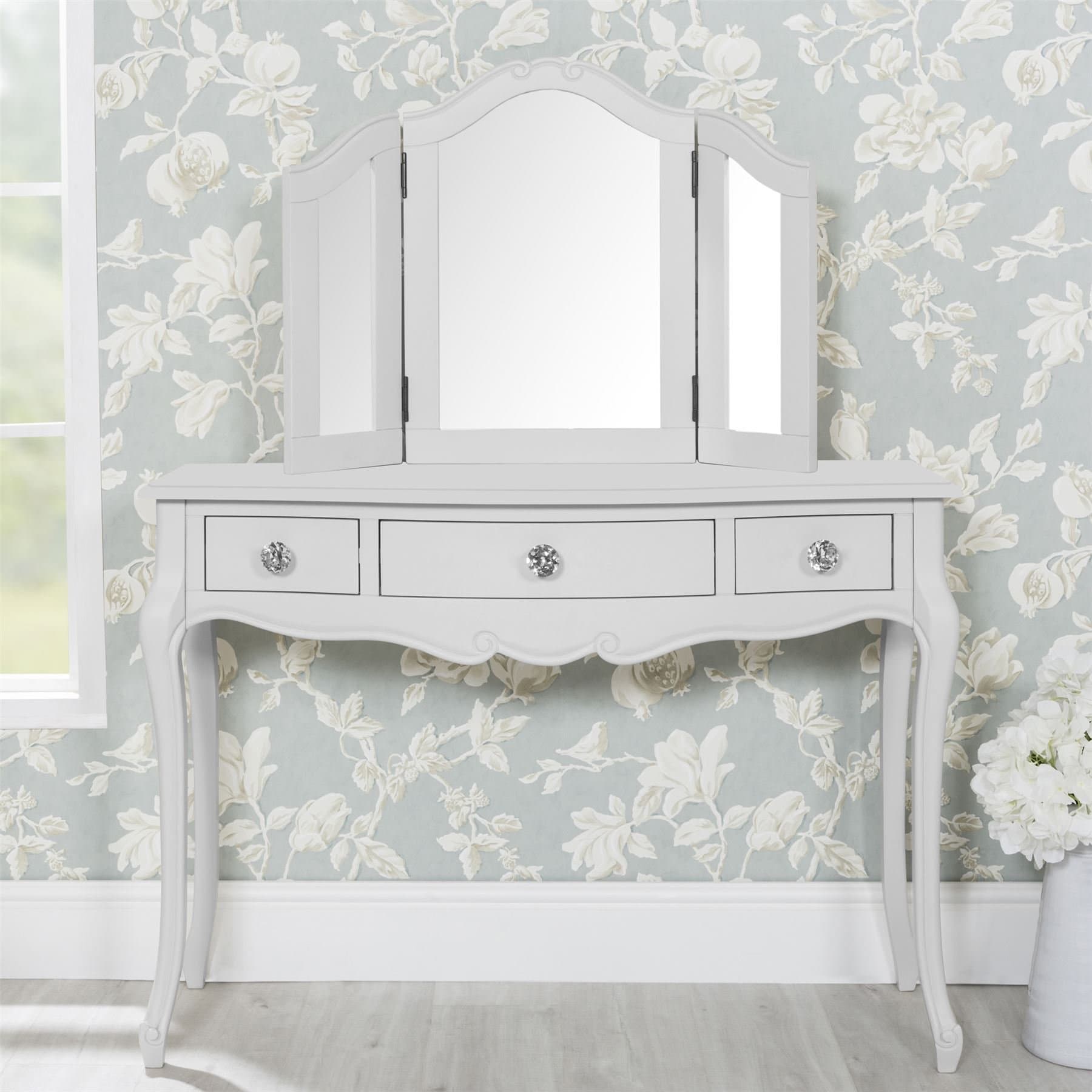 Juliettewhite dressing table with crystal handles. Stunning French dressing table (stool and mirror not included).