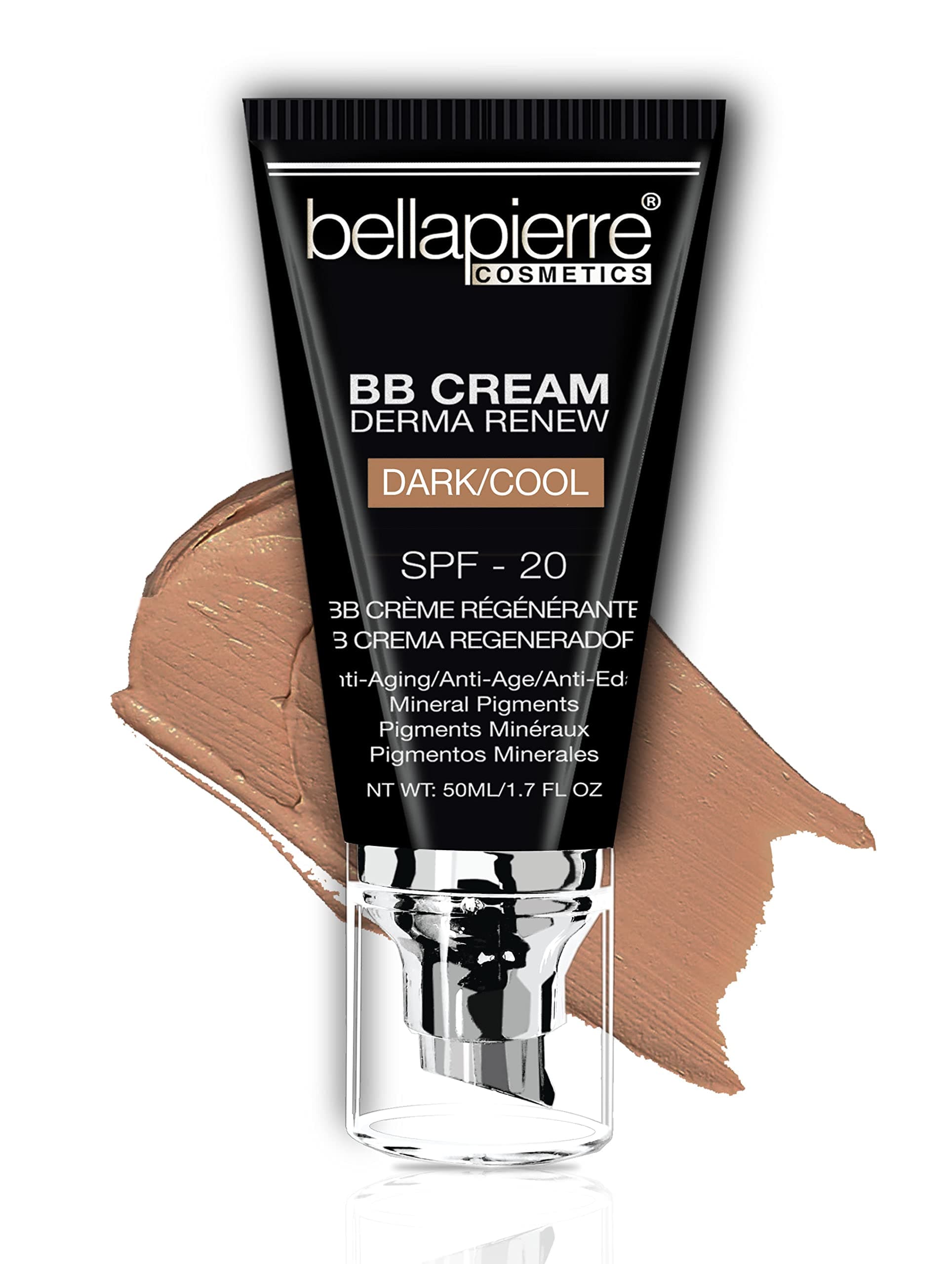bellapierre BB Cream with SPF 20 - Tinted Sunscreen, Concealer, Foundation, & Moisturizing Face Cream | Lightweight Formula + Pump Top Applicator | Non-Toxic & Paraben Free | 1.7 Oz - Dark Cool