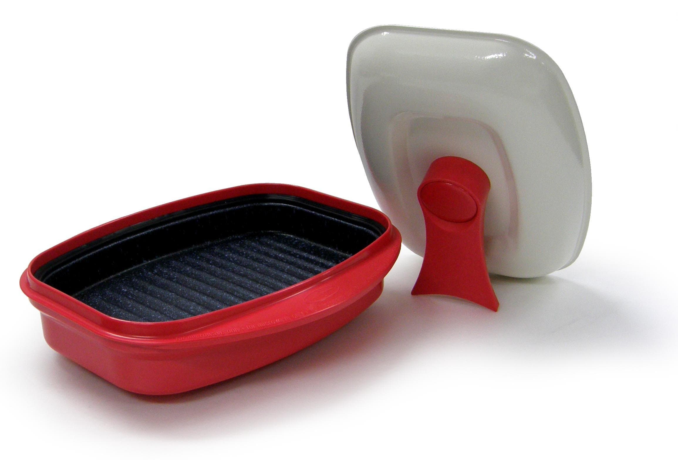 Microwave Grill Pan with Lid for Grilling, Browning, and Crisping Vegetables, Sandwich, & Meat, Red