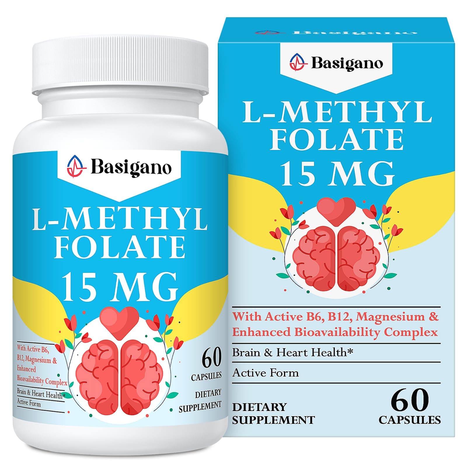 15mg L Methylfolate (5-MTHF)- Active Folic Acid-Enriched with Vitamins B6 and B12-60 Vegetarian Capsules - Non-GMO, Gluten-Free