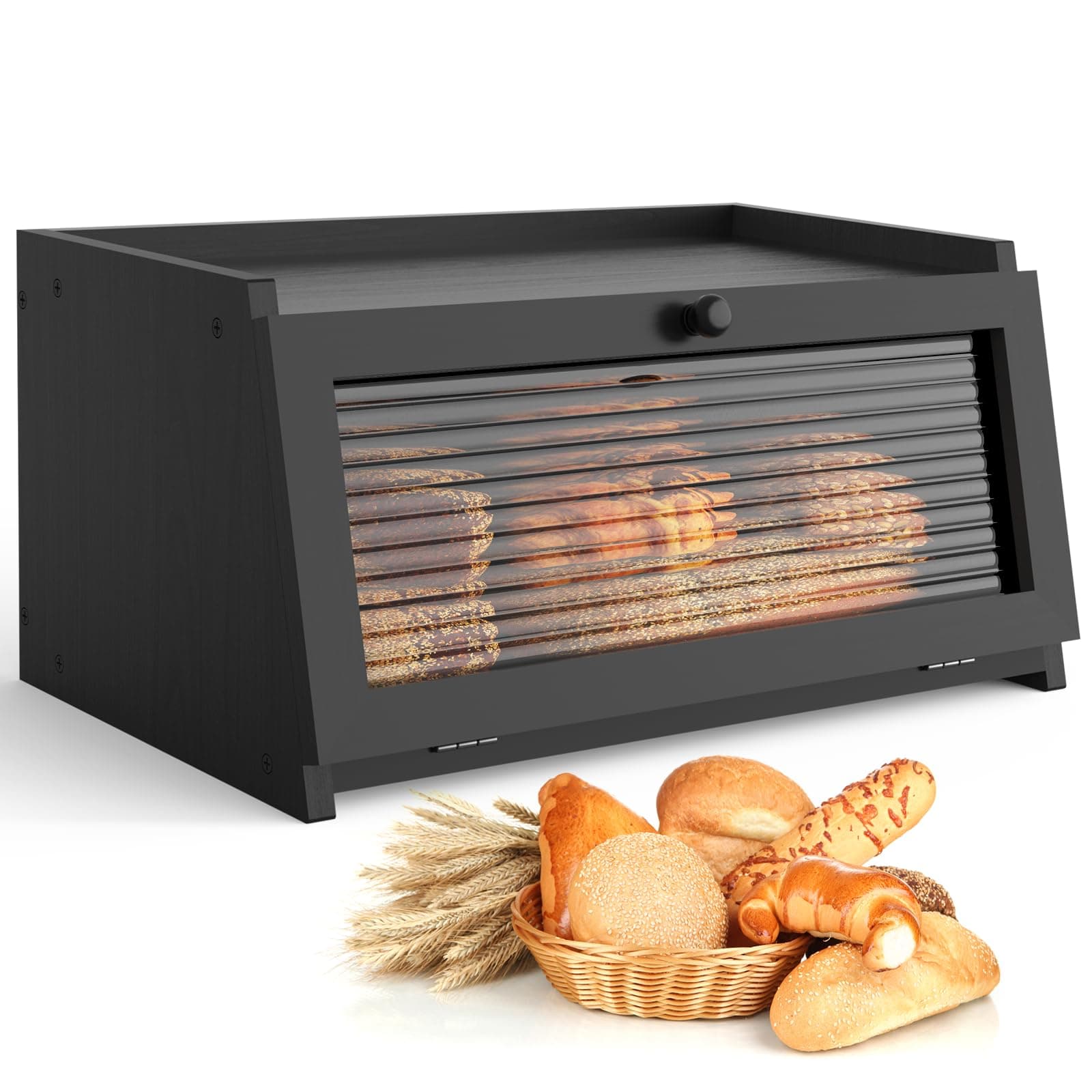 Bread Box for Kitchen Countertop Large Bread Box Farmhouse Bread Container Bread Storage with Window Bread Holder Black