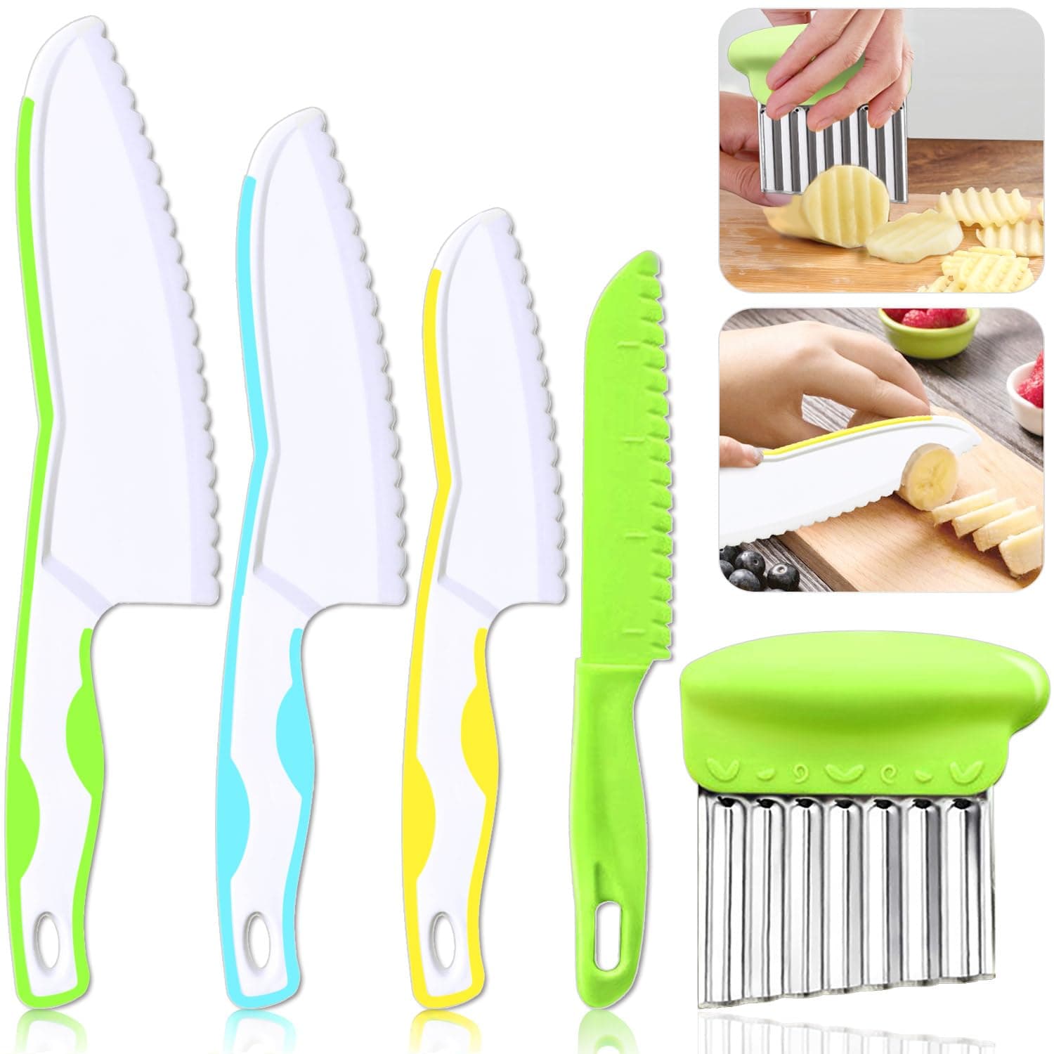 5 Pcs Kids Knives, Kids Safe Cooking Knife, Plastic Kid Kitchen Knife Set with Crinkle Cutter, Serrated Edges Toddler Knives for Real Cooking & Cutting Fruit, Bread, Vegetable