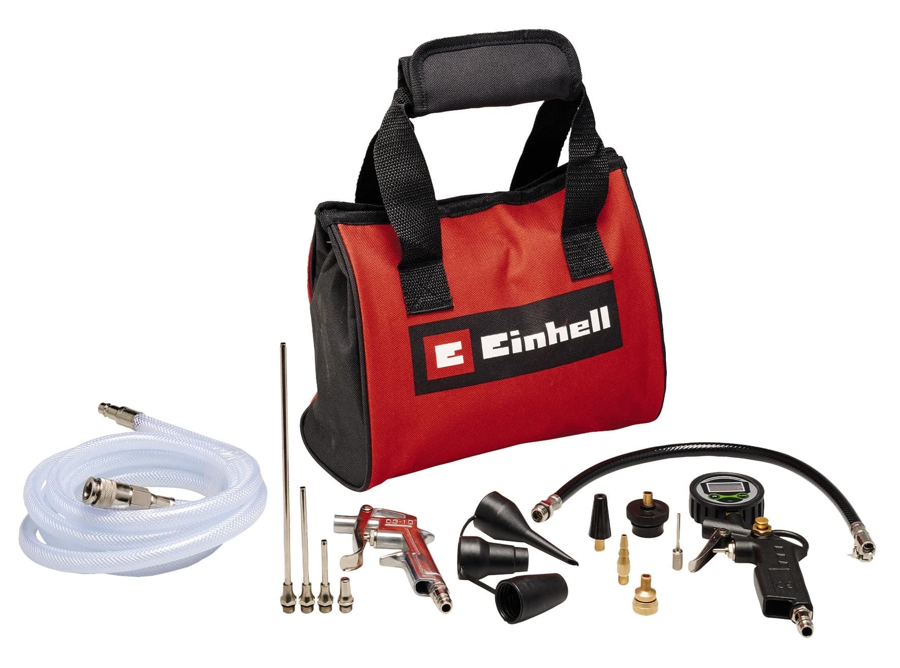 Einhell Original 15-Piece Compressed Air Set with Bag (Compressor Accessories, Includes Blow Gun, Digital Tyre Inflator, 2.5m Fabric Hose, 8x Adapters, Storage Bag)