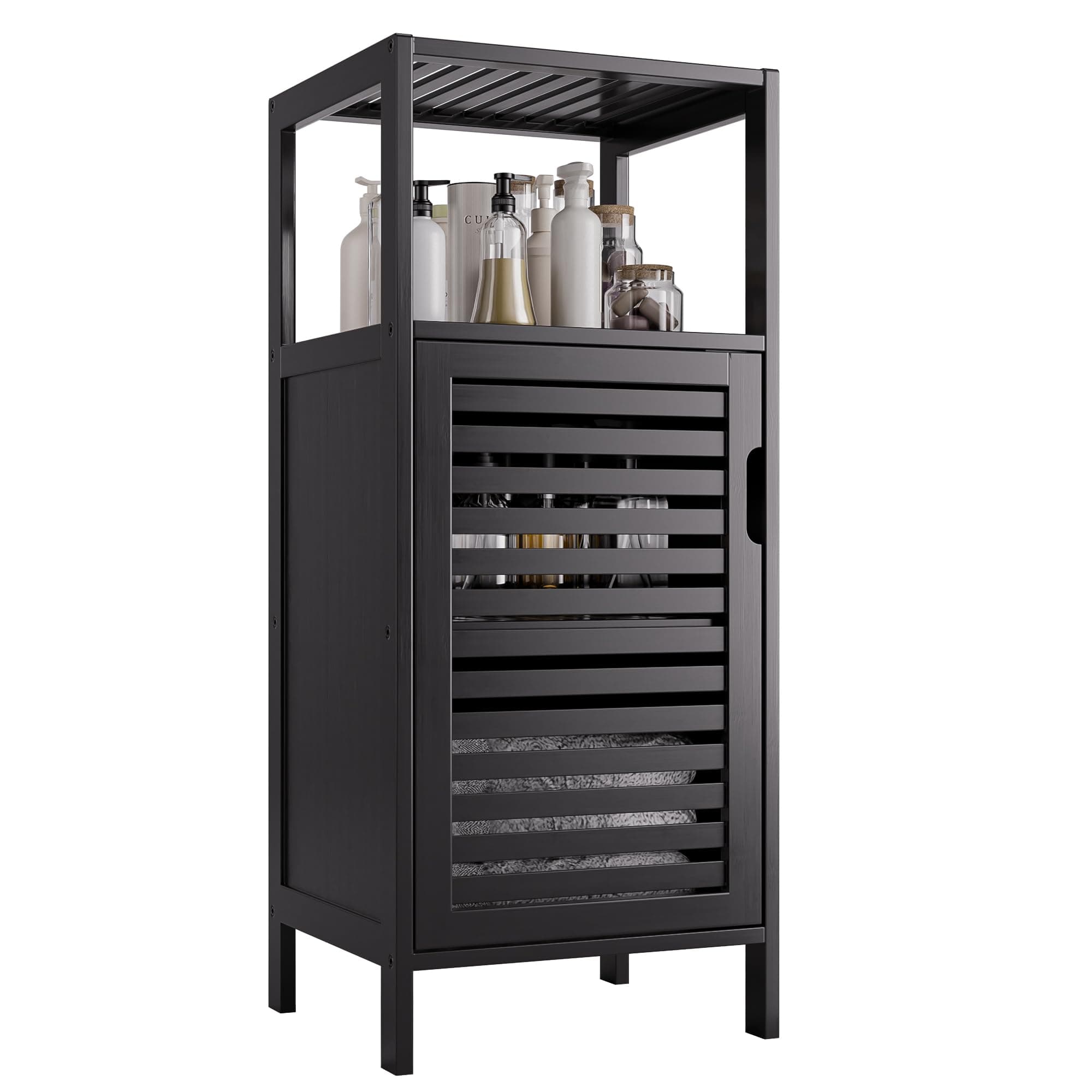 - Bamboo Floor Cabinet, Small Bathroom Cabinet Floor Standing, 4 Tier Narrow Side Storage Cabinet, Space Saving Kitchen Cupboard with Single Door, Black