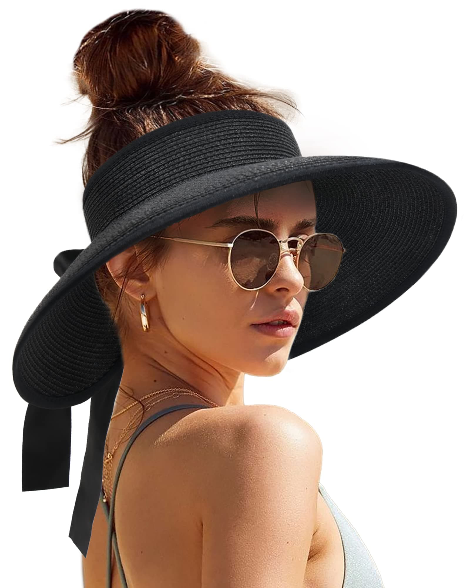 UPF 50+ Sun Visors for Women Wide Brim Beach Hat Foldable Straw Visor Hat Ponytail Summer Packable