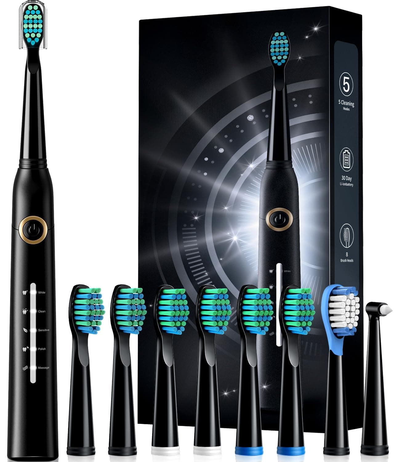 Electric Toothbrush, Sonic Toothbrushes with 8 Brush Heads 40000 VPM 5 Modes, Sonic Toothbrushes Fast Charge 4 Hours Last 30 Days (Black)