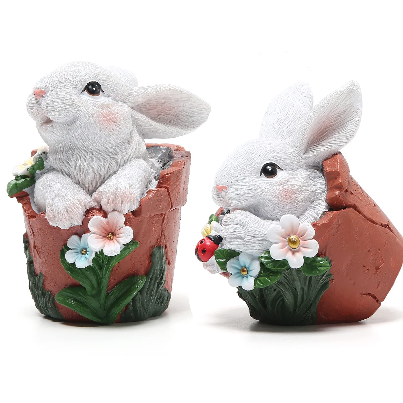 Hodao Set of 2 Easter Bunny Garden Statues - Whimsical White Rabbit Figurines in Flower Pot with Ladybug, Weatherproof Resin Outdoor Decor for Spring Patio Yard Porch & Indoor Farmhouse