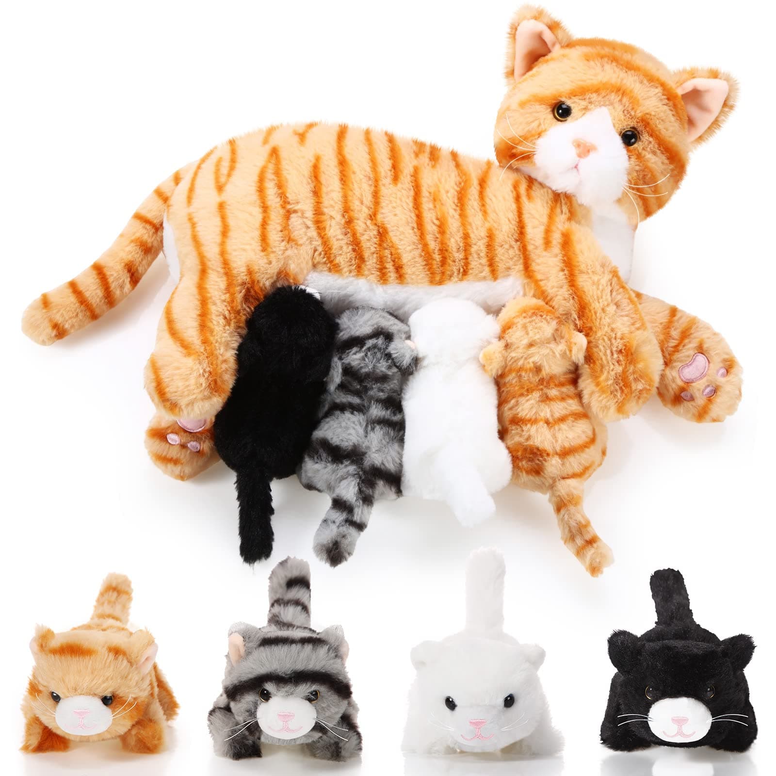 Skylety Nurturing Cat Stuffed Animal with Plush Kittens, Cat Baby Stuffed Animals for Girls and Boys Plushy Kitty Mommy Cat with 4 Baby Cats for Birthday Party Favors Gifts(Cute Style)