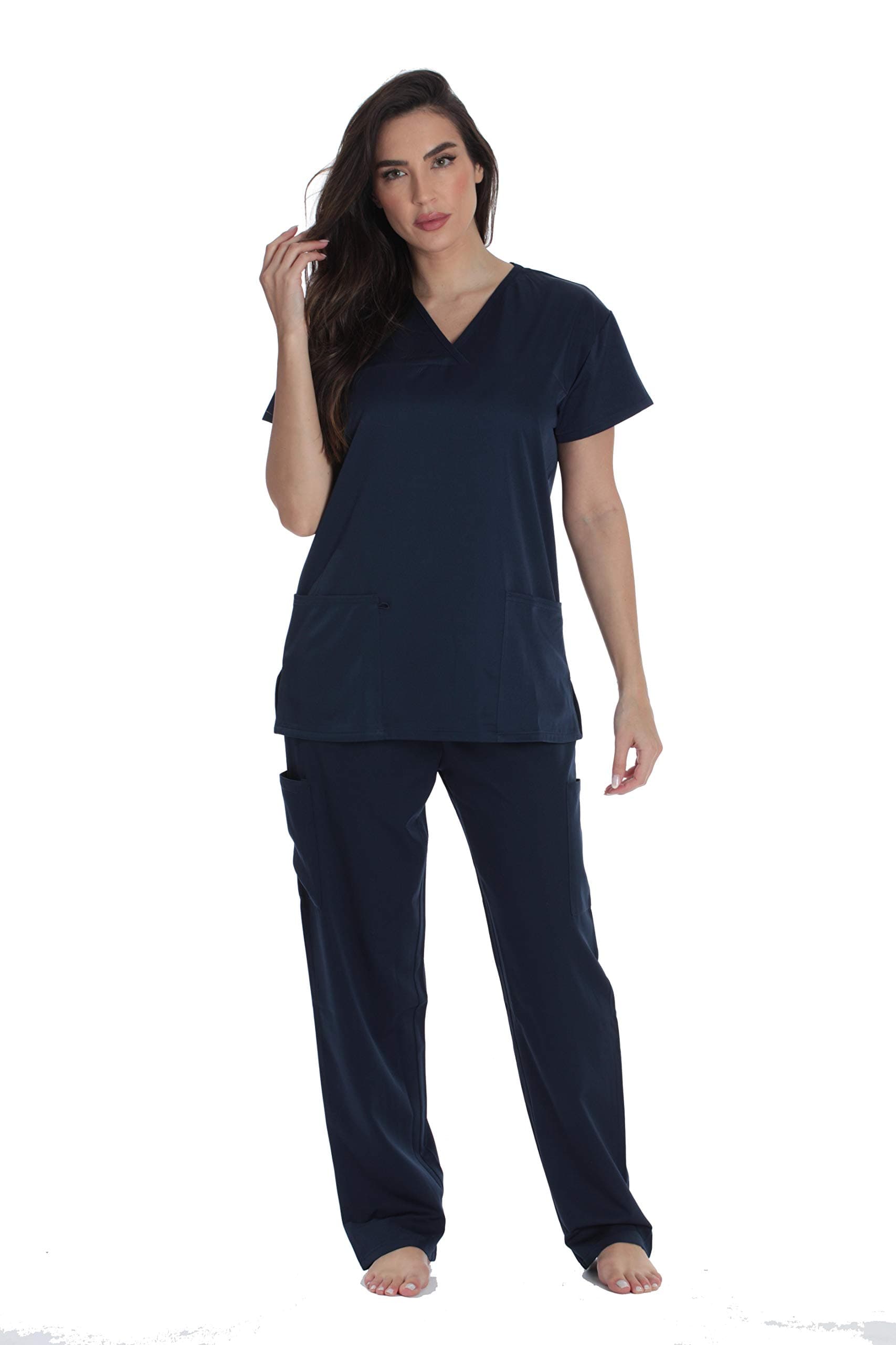 - Solid Stretch Scrub Set for Women Stretchy Mock Wrap Top and Cargo Pants