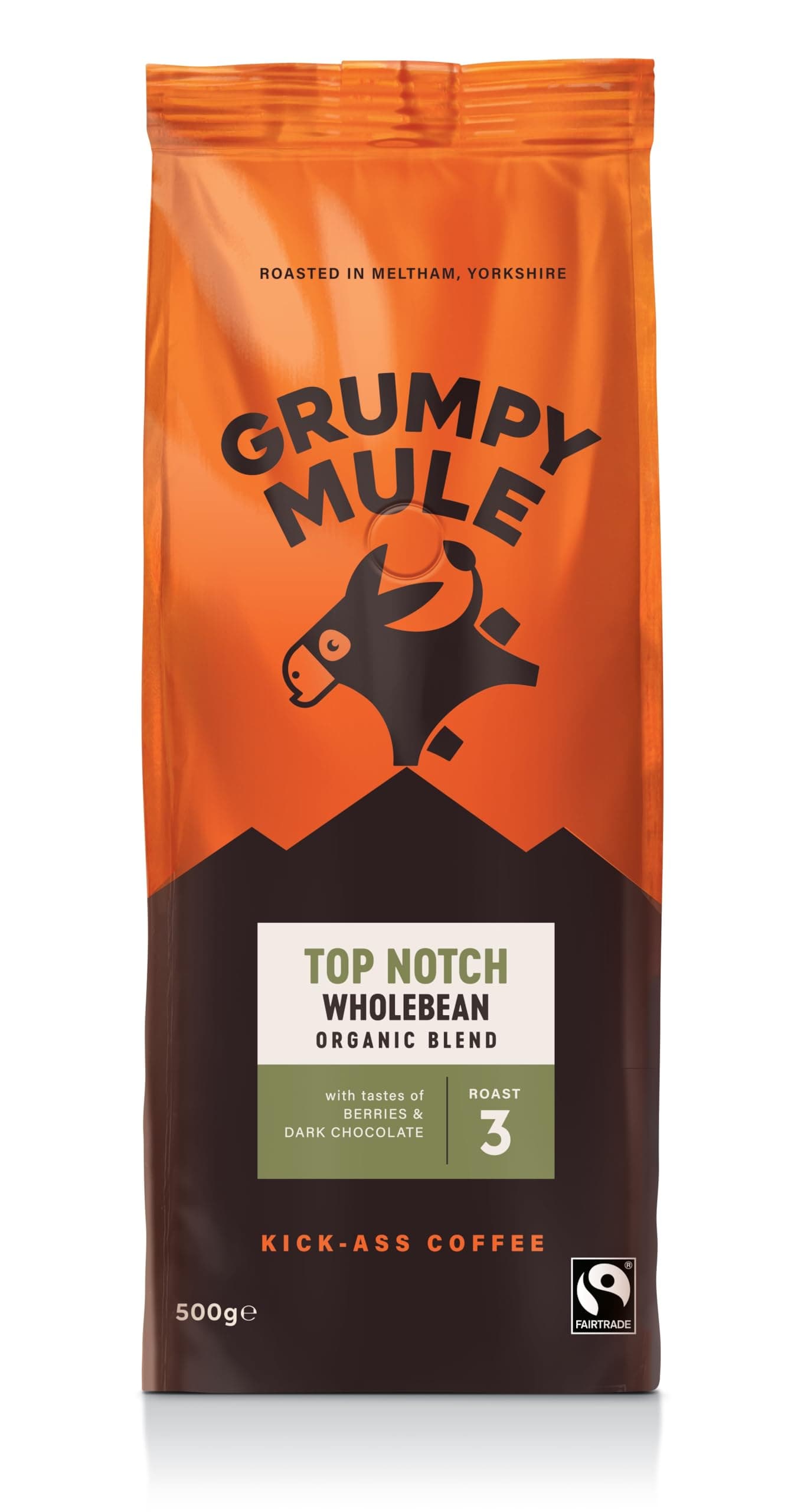 Grumpy Mule Top Notch Organic Blend Whole Coffee Beans with notes of Berries and Dark Chocolate 500g