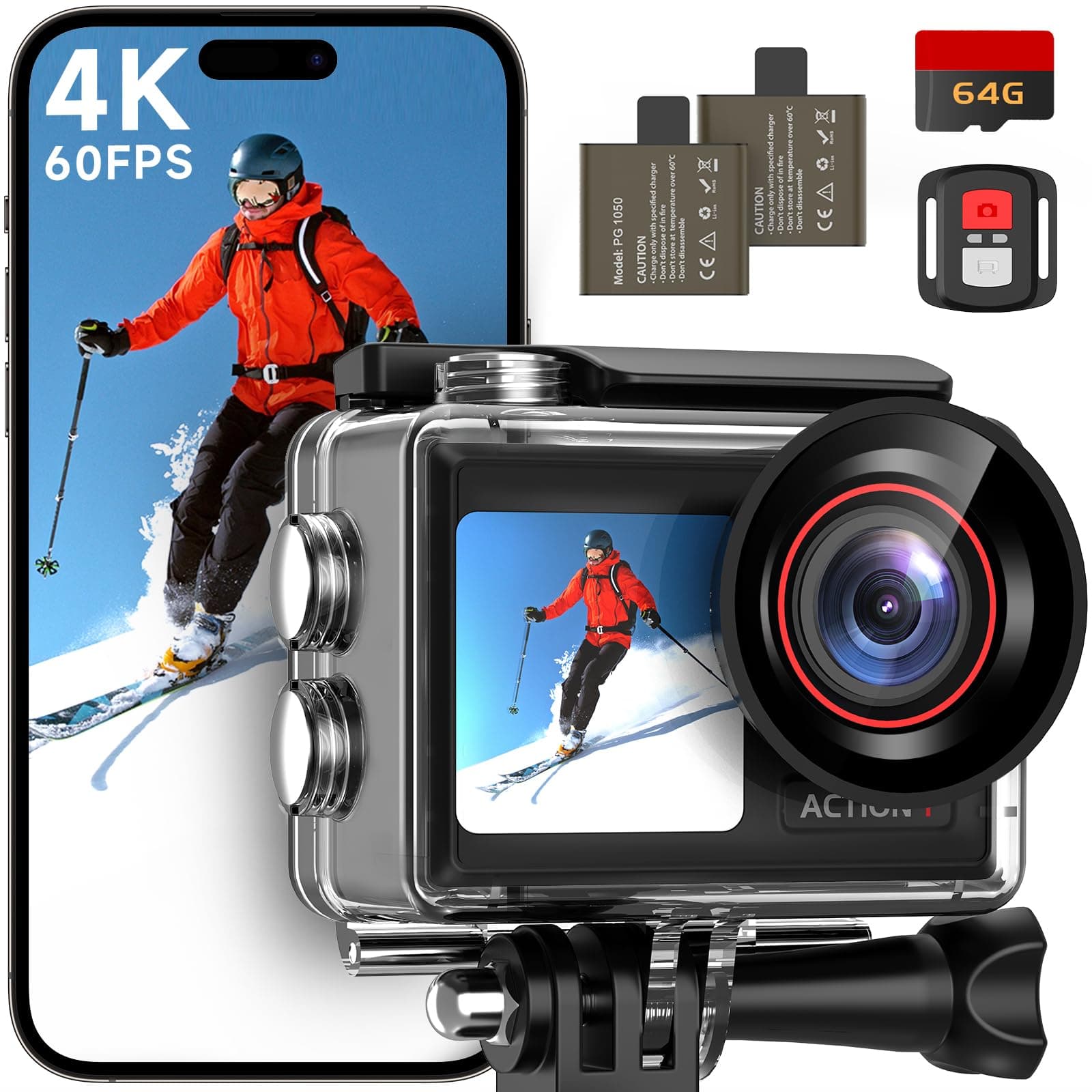 Action Camera 4K 60FPS, 40M Ultra HD Underwater Camera, 30MP EIS Anti-Shake WiFi Action Cam with Dual Touch Screen, 64GB Card, Remote Control, Waterproof Case and Mounting Accessories Kit