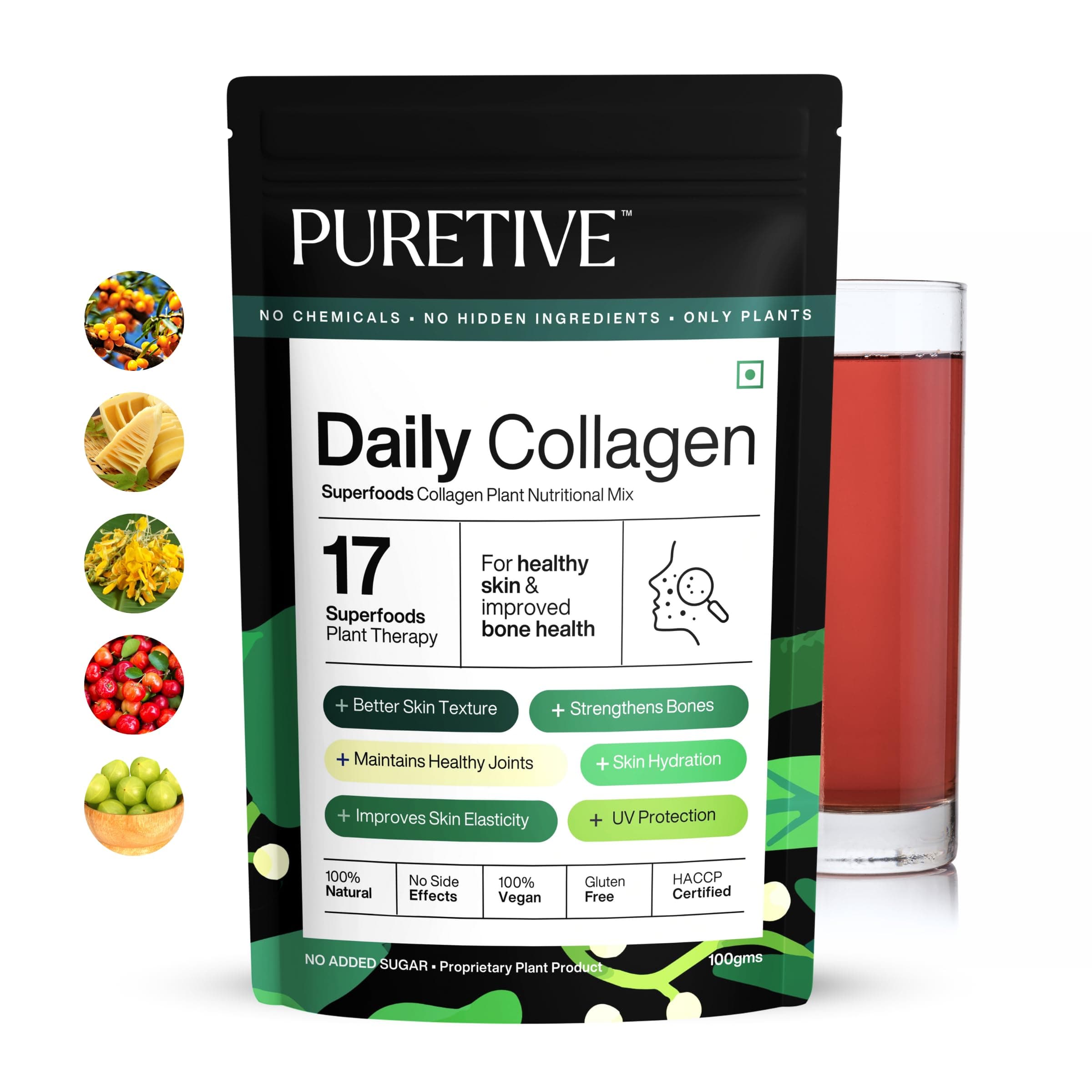 Puretive Daily Collagen Builder | Plant Based Vegan Powder | Marine Collagen Alternative | For Glowing Skin, Hair, Nails, Joint & Bone Support | Vitamin C Botanical Blend | 100g Supplement