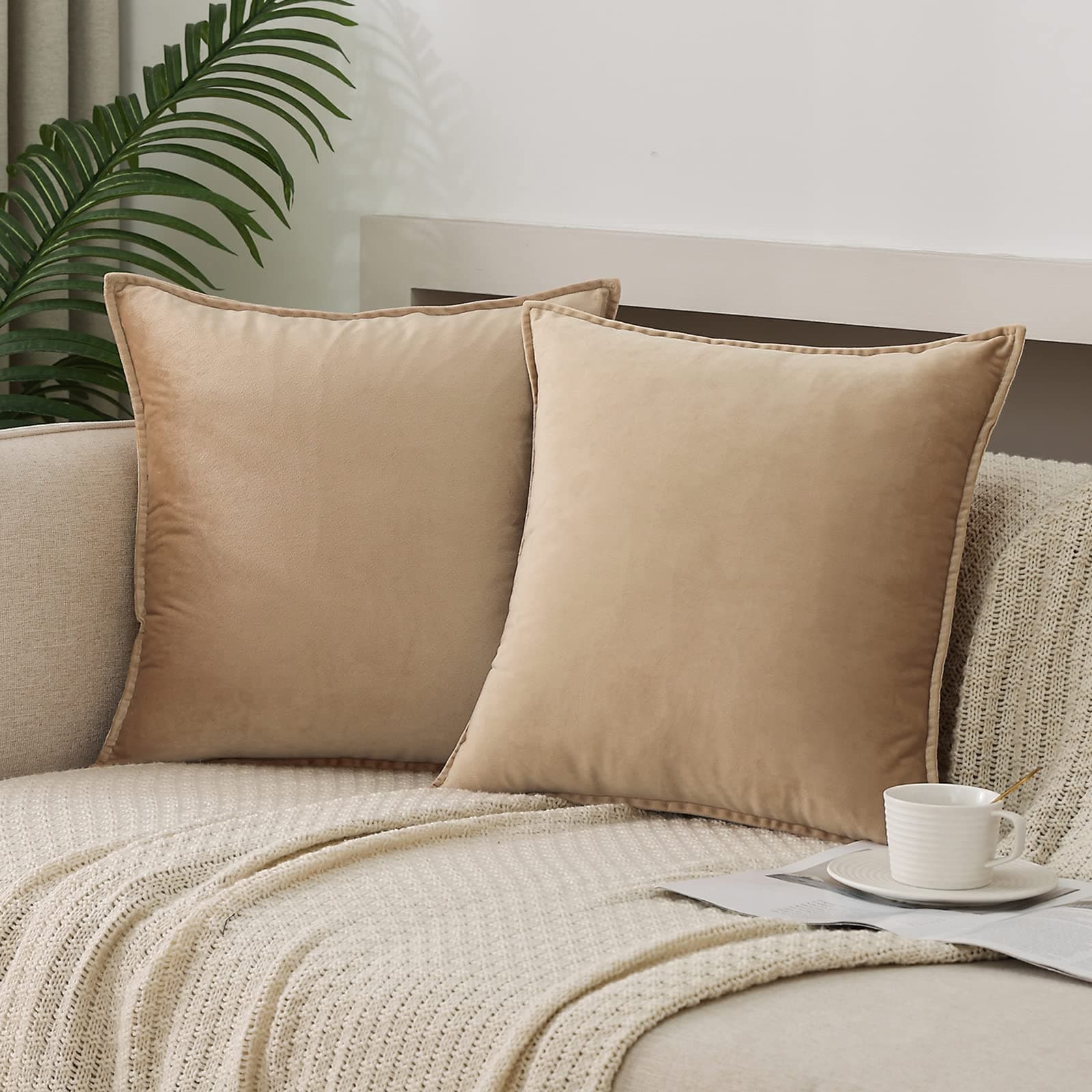 JIAHANNHA Velvet Khaki Throw Pillow Covers Pack of 2 Spring Decorative Soft for Couch Sofa Bed Livingroom Office 18×18 Inches