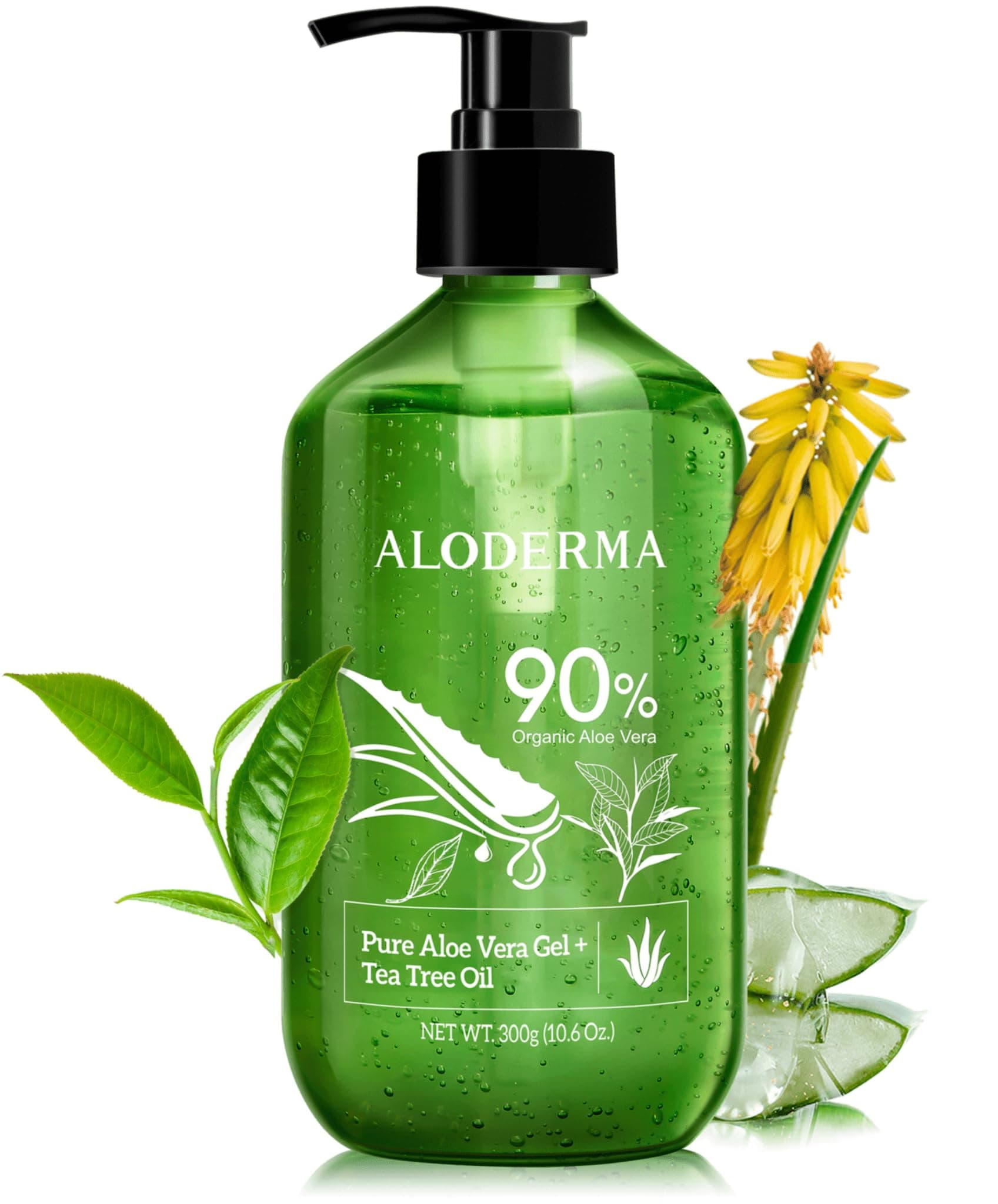 Aloe Vera Gel + Tea Tree Oil, Made within 12 Hours of Harvest with 90% Organic Aloe Vera, Multipurpose Use for After Sun, Hair, Scalp, and Face or Shaving Gel & Aftershave - 10.6Oz
