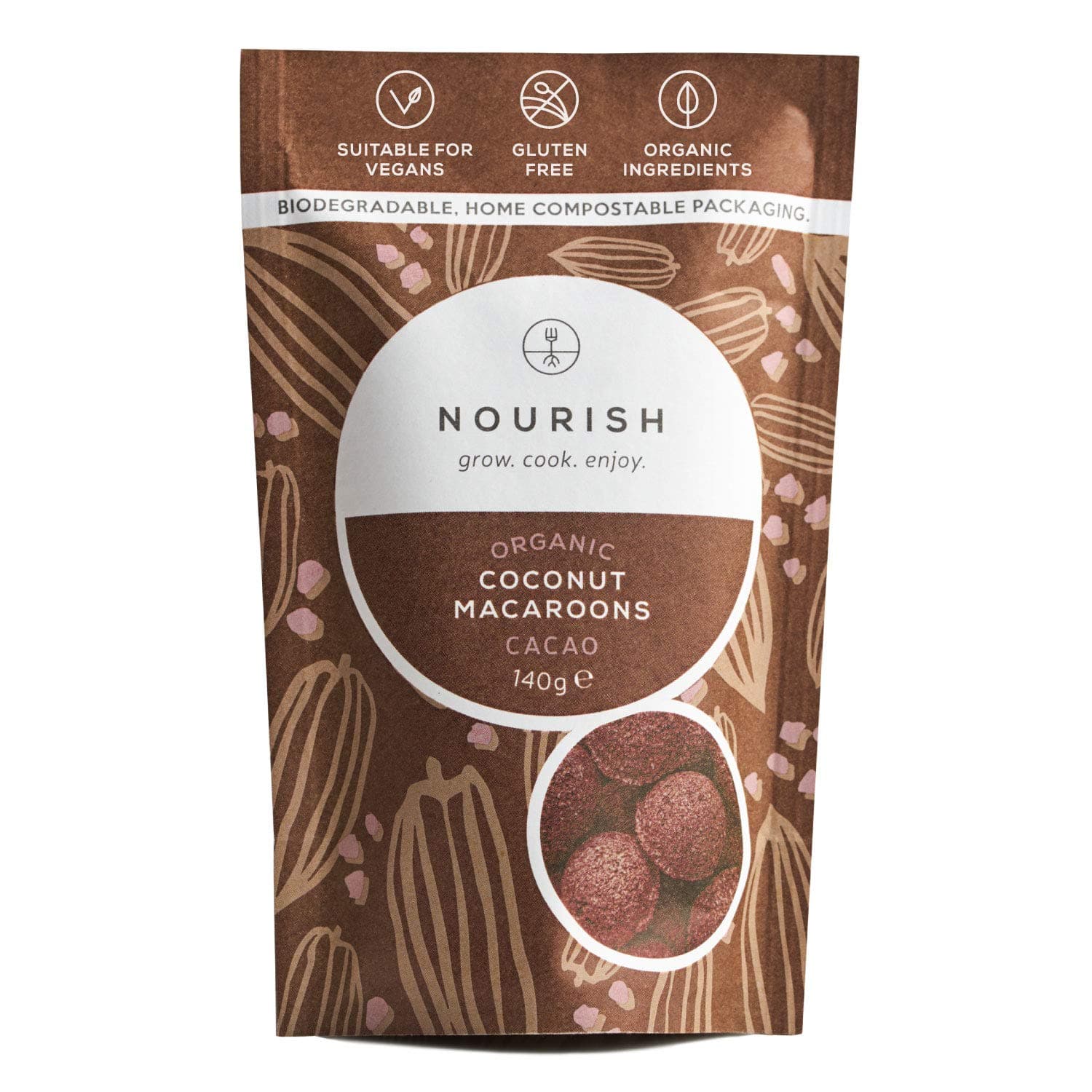Nourish Organic Cacao Coconut Macaroons - Keto Snacks - Vegan, Gluten Free, Dairy Free Healthy Snacks Made with Natural Ingredients - 140g (Pack of 1)