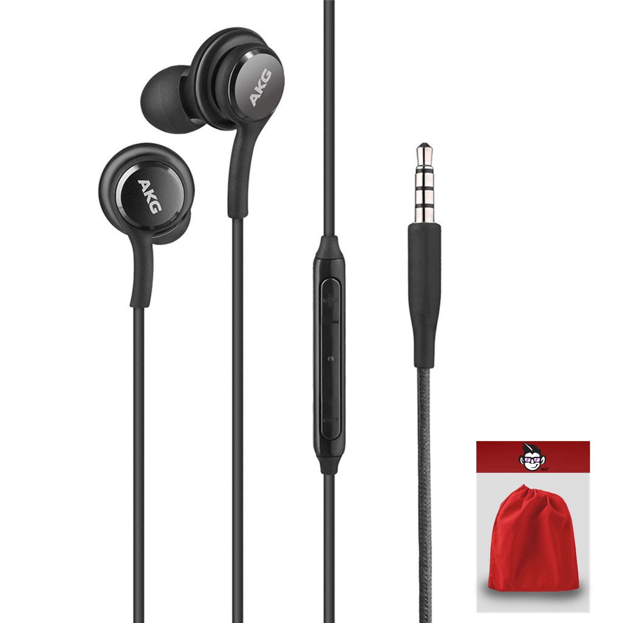 IWIO® - Official Samsung Galaxy S8 / S8+ Handsfree Headphones/Earphones - Black (EO-IG955BSEGWW) with Drawstring Bag/Pouch - RED