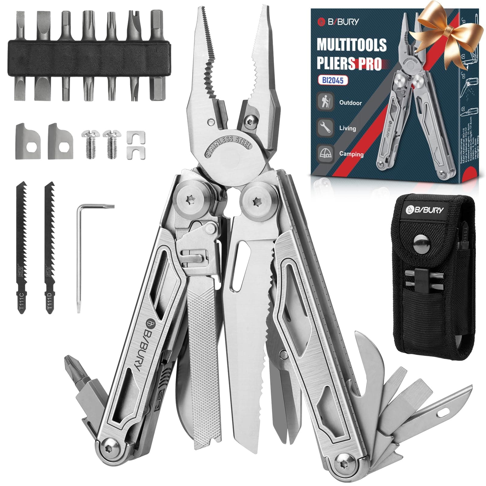 Multitool Pliers Pro BI2045, Foldable Multitools with Replaceable Wire Cutters and Saw, Stainless Steel Multi Tool w/Upgraded Scissors and Screwdriver Set, Ideal for Camping, Hiking, Survival