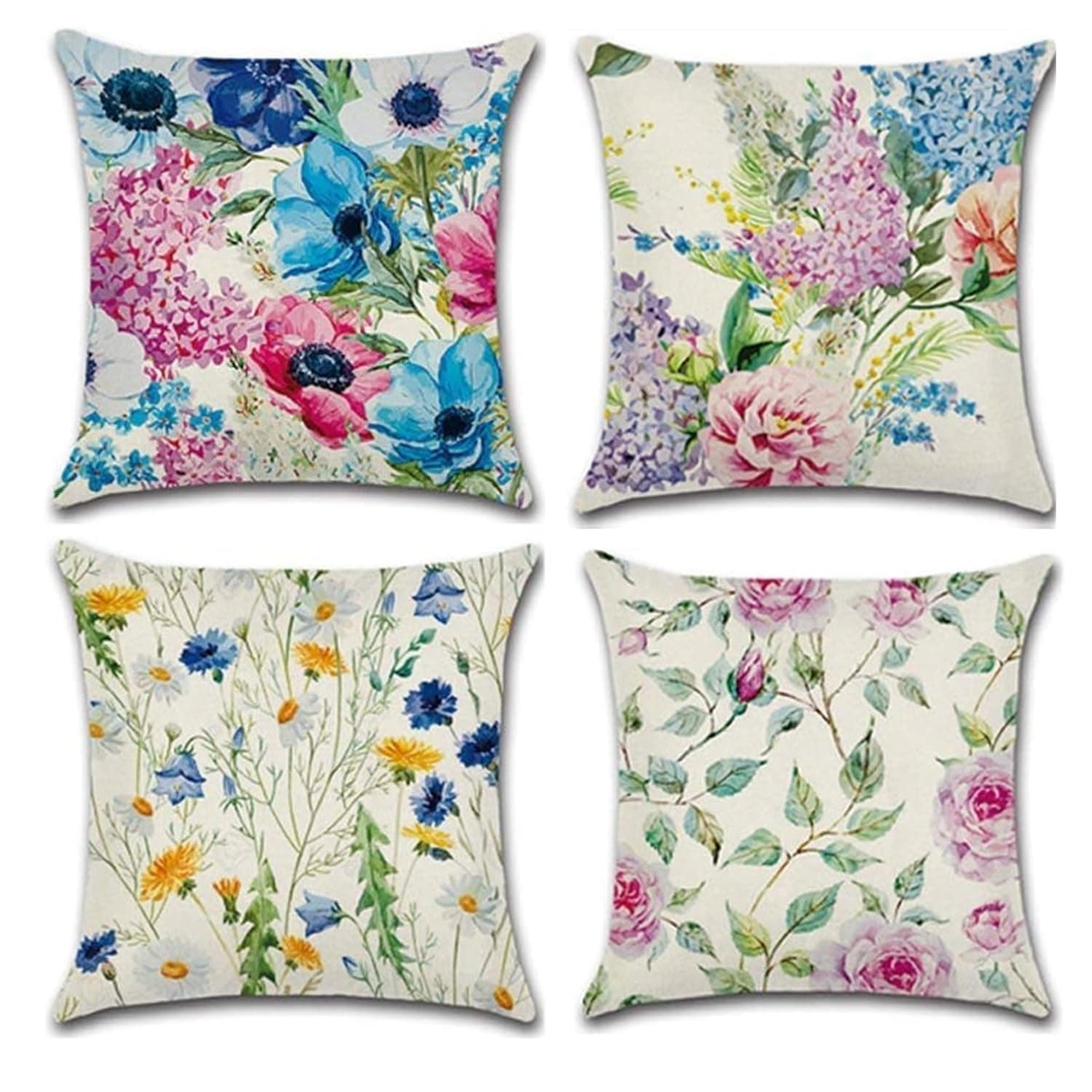Freeas 4 Packs Throw Pillow Cases - Cotton Linen Sofa & Bed Home Decor Design 45 X 45 CM Cushion Covers, Four Flowers