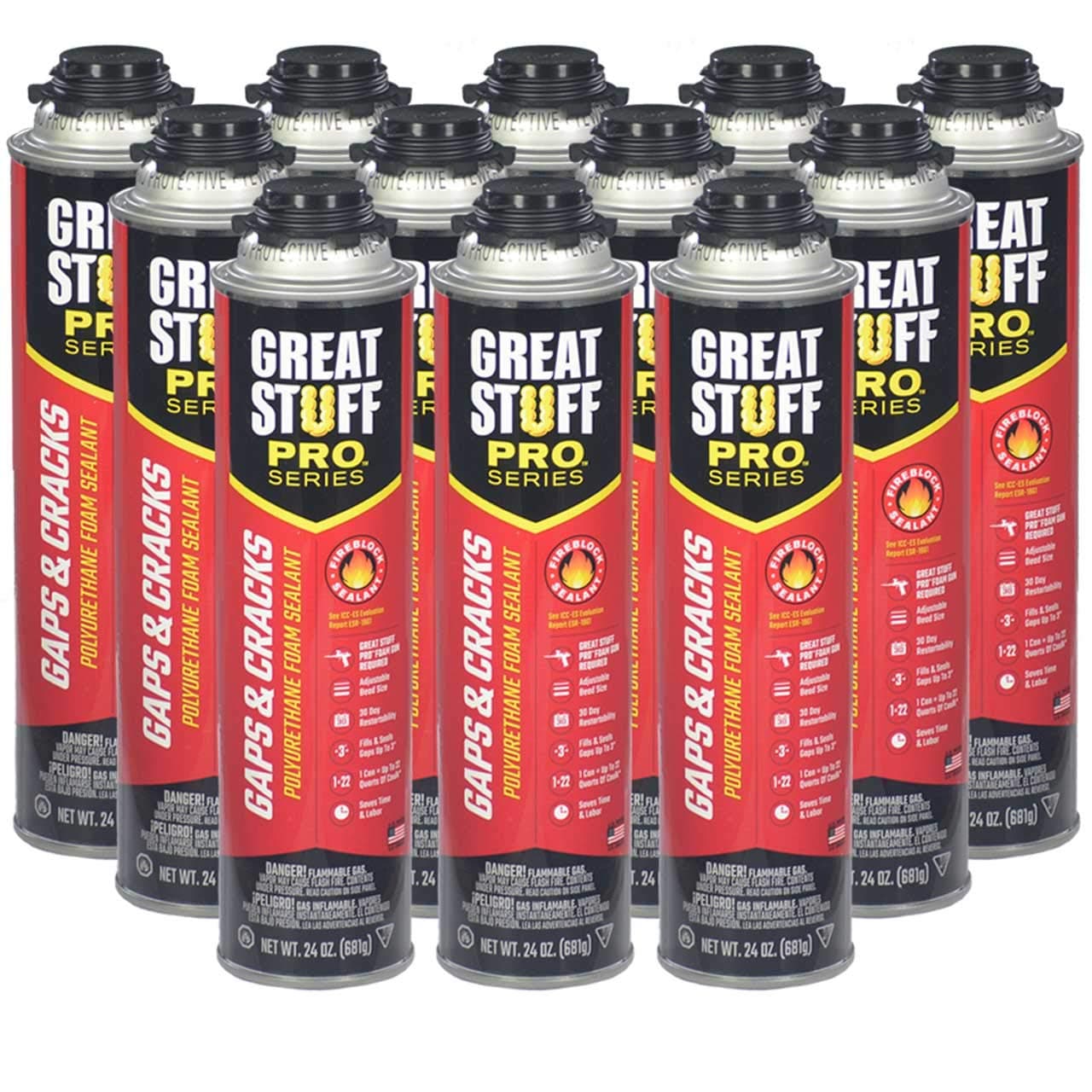 GREAT STUFF PRO Gaps & Cracks – 24 oz Fireblock Foam Insulation Sealant – Closed Cell, Polyurethane Expanding Spray Foam Insulates & Seals Gaps Up to 3", Pack of 12