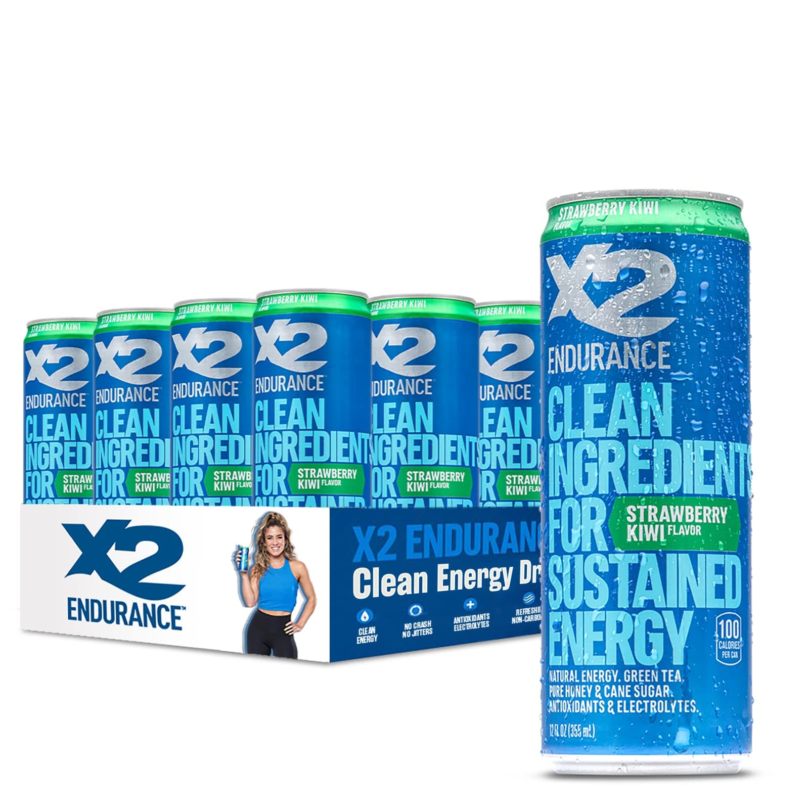 X2 Clean Energy Drink - Sustained Energy for Sport Fitness Endurance 12 Oz. Can, Strawberry Kiwi, 24 Count, (Pack of 24)