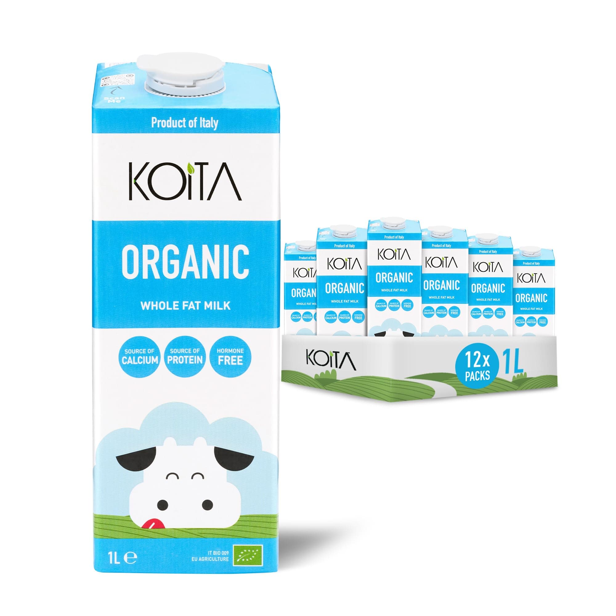 Organic Whole Milk (1L, 12-Pack) - Premium Italian Milk Enriched With Vitamins A & D3, 3.7% Fat Content, EU Certified Organic