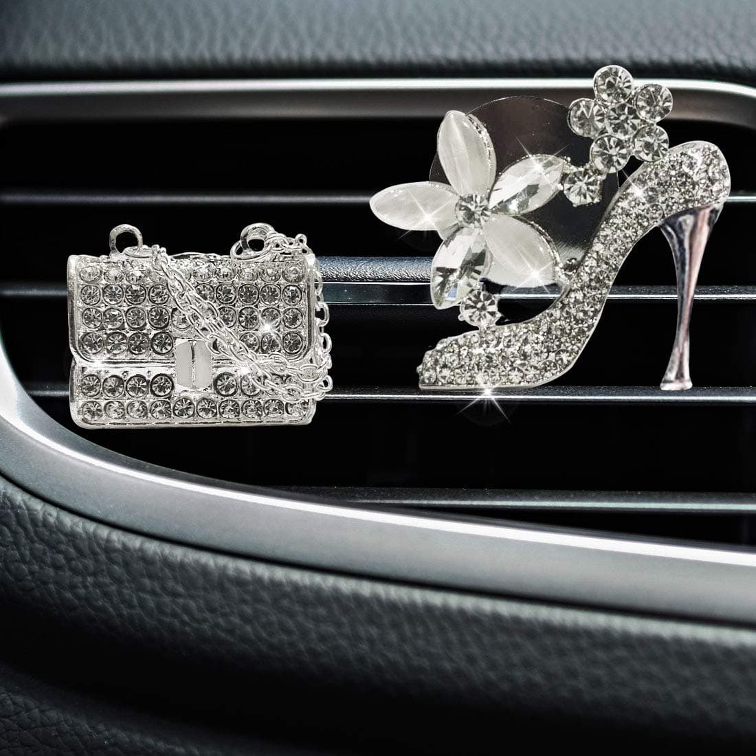 LHEVEN Crystal High Heel Shoe & Magic Bag Car Air Vent Clip Charm Bling sparkly bedazzled rhinestone Car Bling Accessories,Car Interior Decoration Charm,Rhinestone cute Car Decor girls