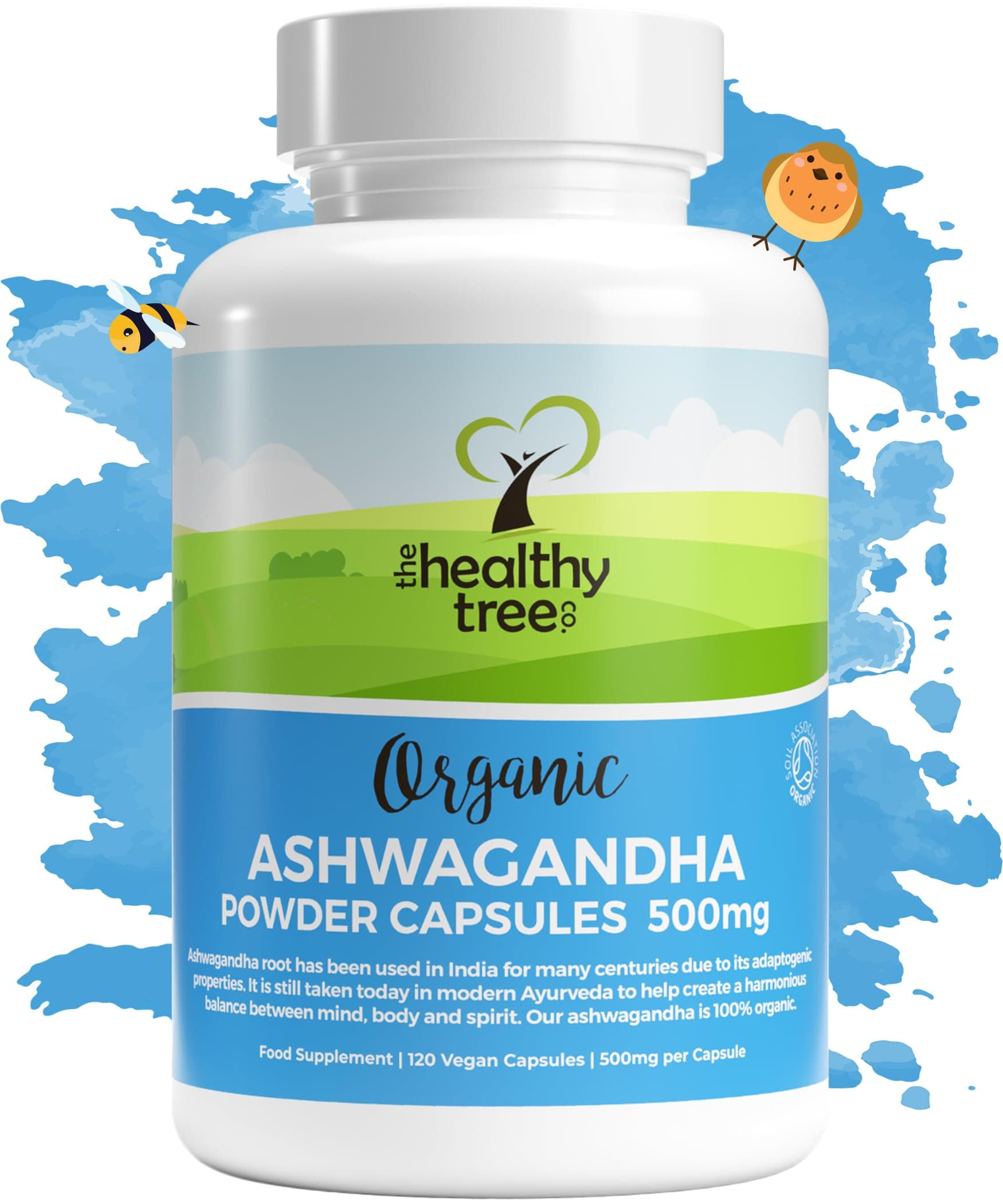 Organic Ashwagandha Capsules by TheHealthyTree Company - Vegan, 100% Natural Ayurvedic Adaptogenic Herb for Mind, Body and Spirit - 120 x 500mg Ashwagandha Root Tablets