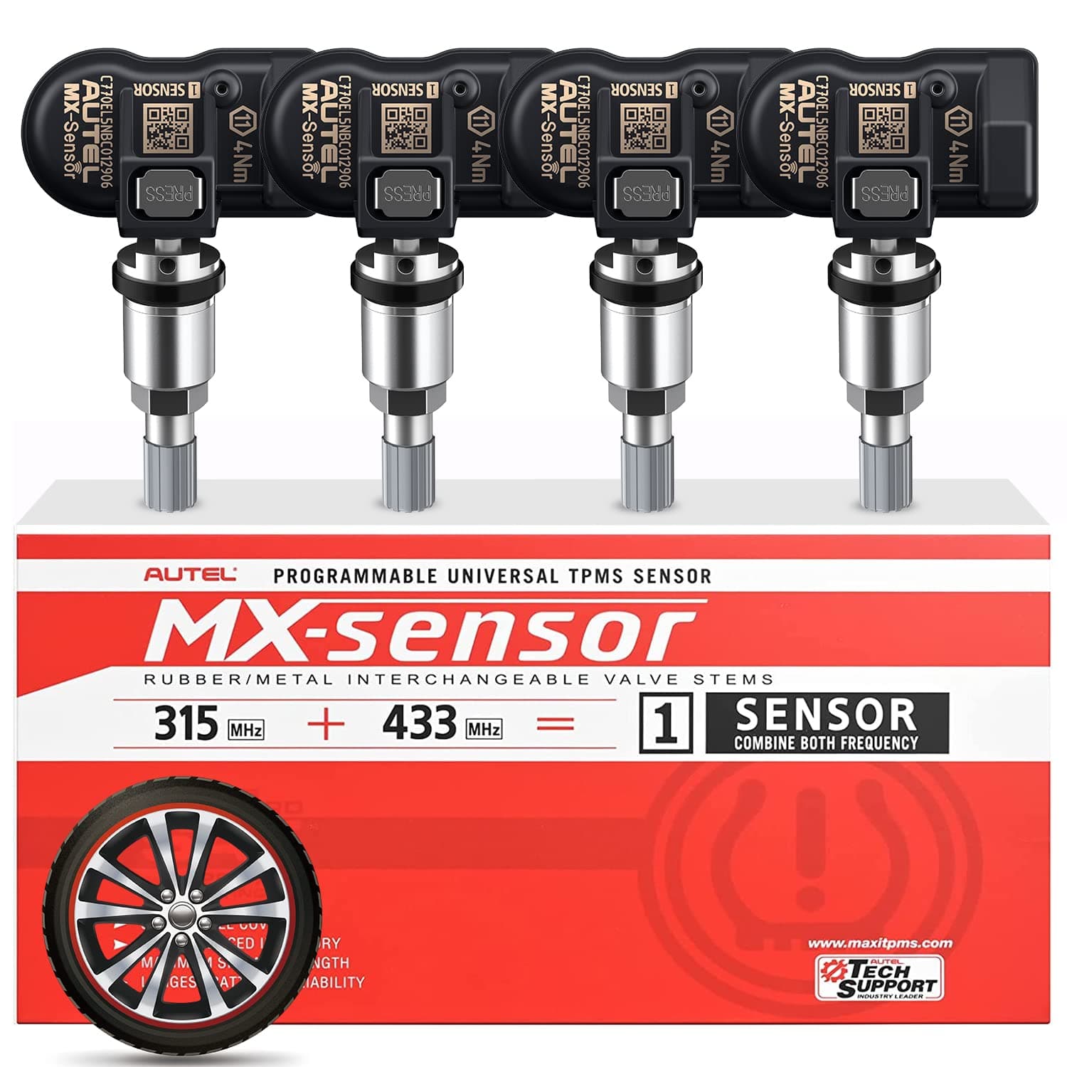 Autel TPMS Sensor 315MHz + 433MHz Dual Frequency Tire Replacement MX Sensor for All Cars, Same as OE Censor, 100% Cloneable Pressure Monitor System Censor (Metal Valve, Press-in, 4PCS)