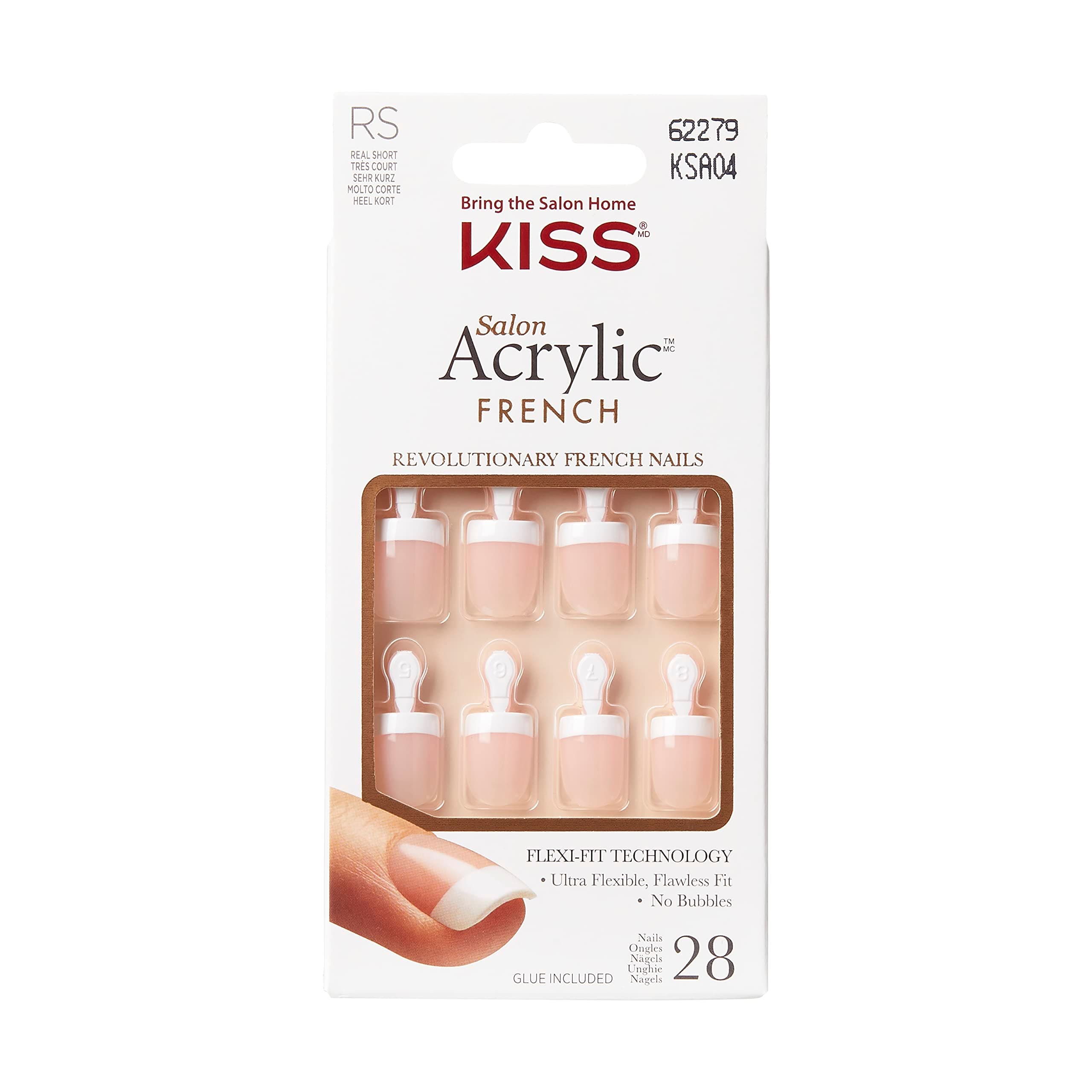 KISS Salon Acrylic French Collection, Dry Spell, Real Short Length Square Fake Nails Includes 28 False Nails, Nail Glue, Nail File, and Manicure Stick