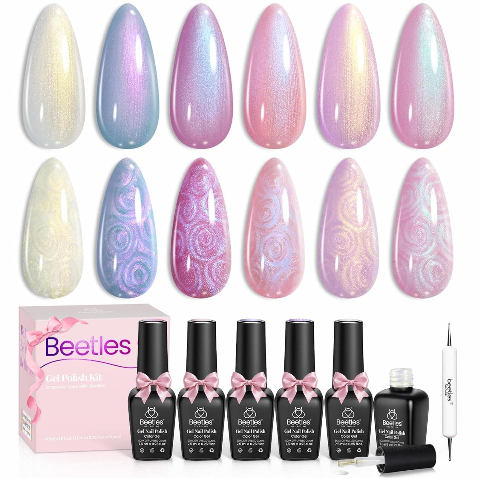 Beetles Pearl Gel Nail Polish, 6 Colors Shimmer Pearl White Pink Purple Mermaid Nail Drawing Spring Gel Polish Soak Off Uv Gel Polish Swirl Shell Thread Effect DIY Manicure Nail Art Gifts for Women