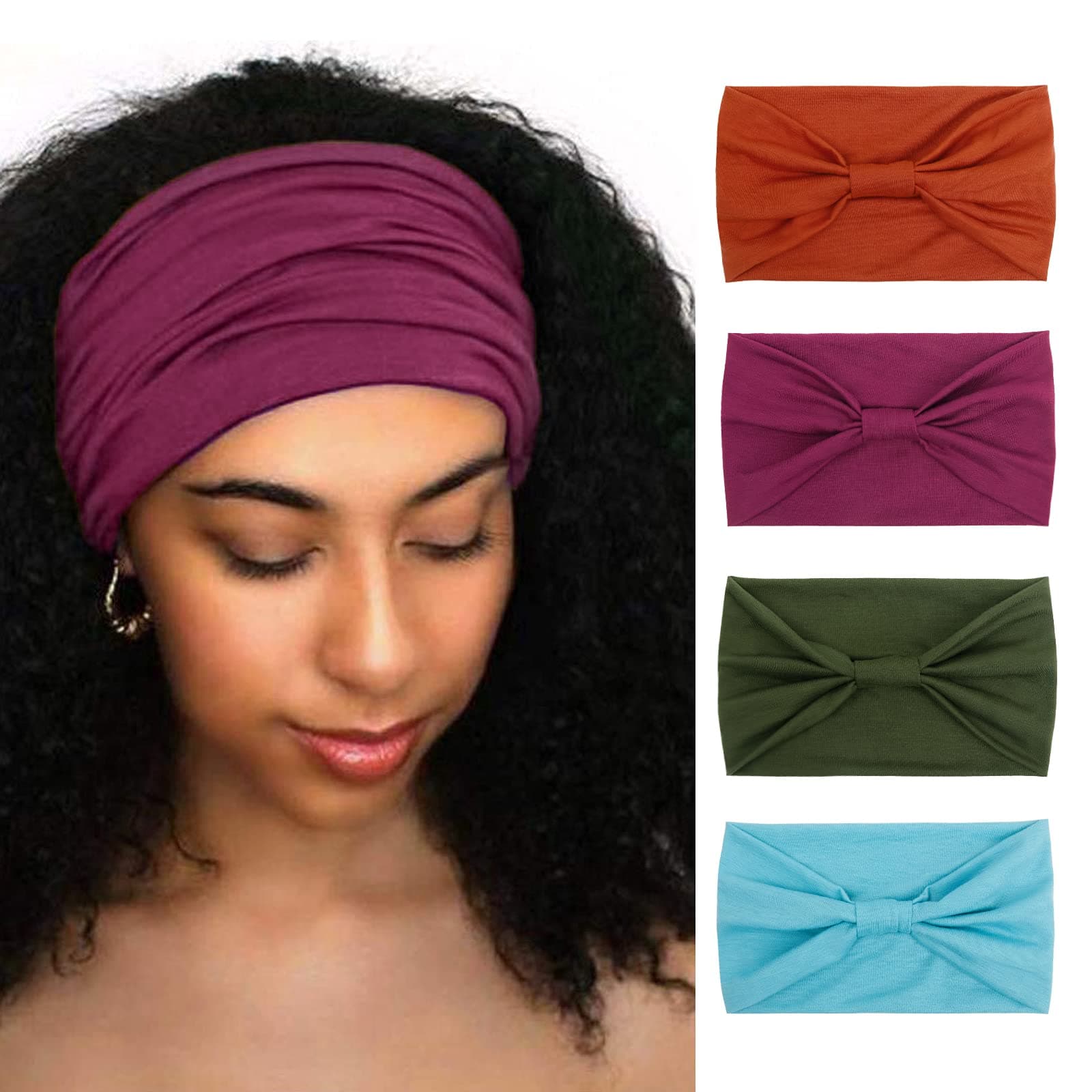 Wide Headbands for Women Black Stylish Head Wraps Boho Thick Hairbands Large African Sport Yoga Turban Headband Hair Accessories (Pack of 4)
