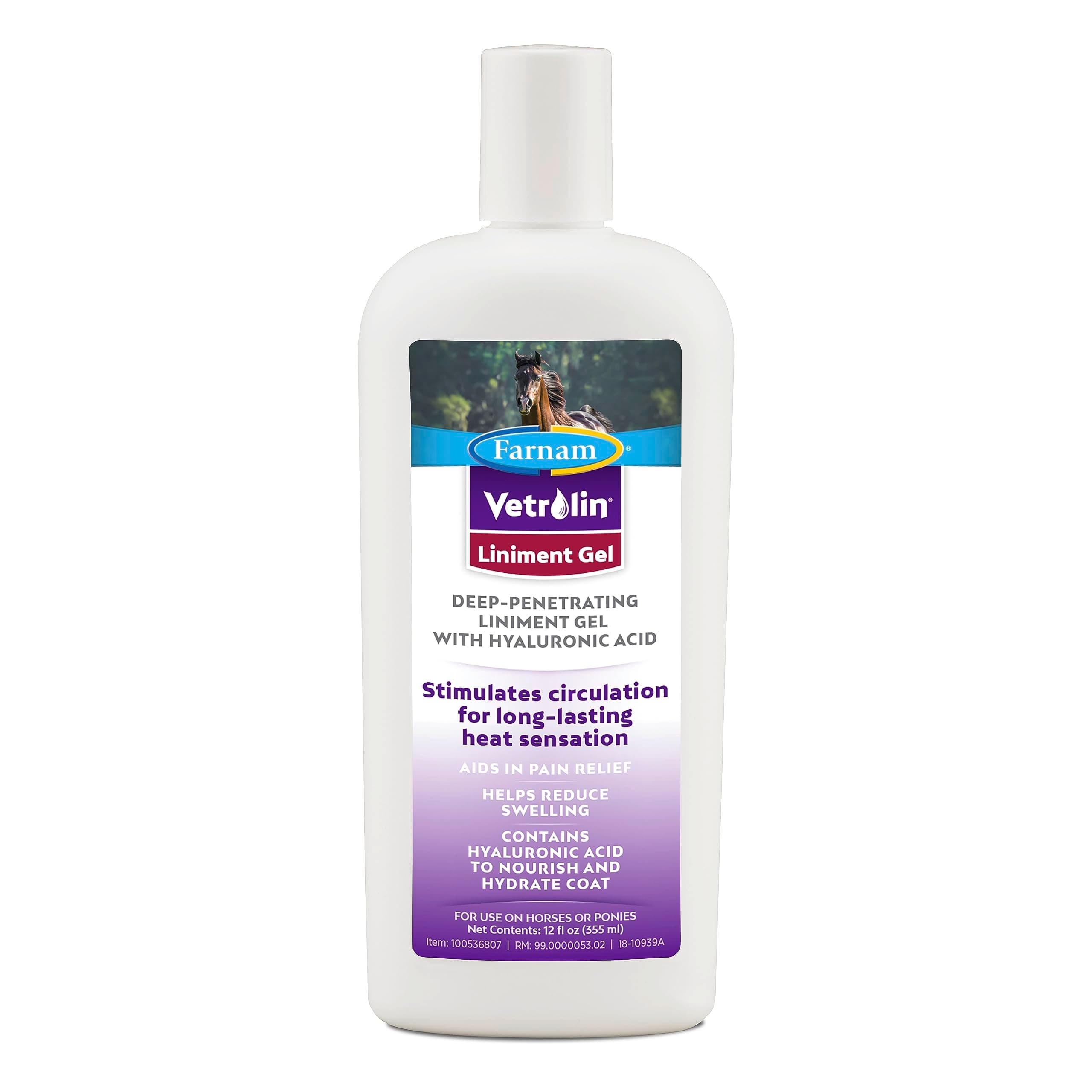Farnam Vetrolin Horse Liniment Gel with Hyaluronic Acid for Muscle Soreness and Stiffness Relief on Horses, Helps Reduce Swelling, Aids in Pain Relief, 12 Oz.