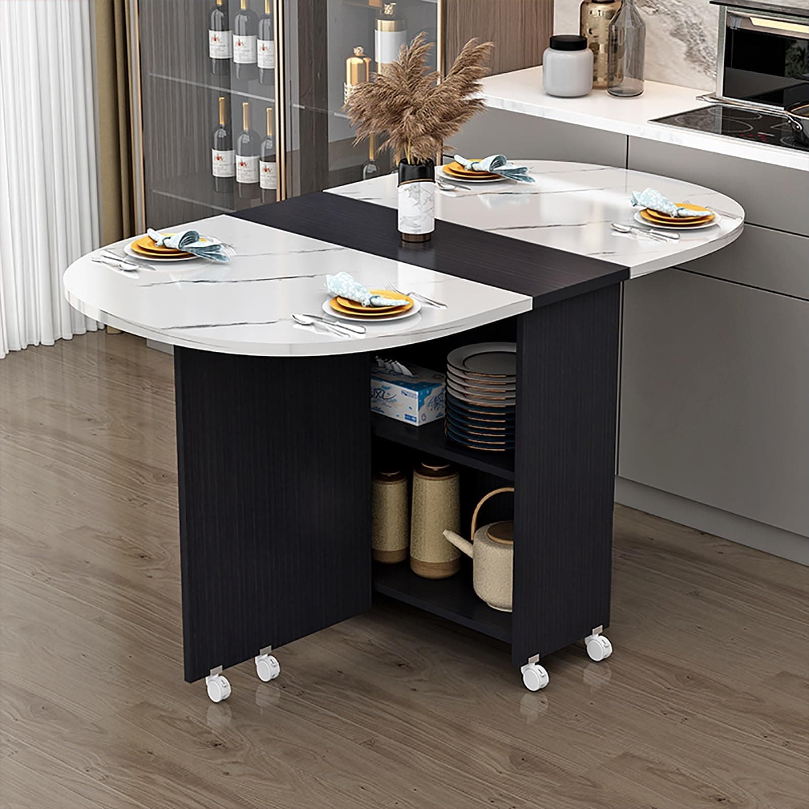 Folding Dining Table on Casters Retractable Dining Table Extendable Dining Table Seats 4-6 Movable Extendable Kitchen Table Kitchen Table Dining Table gateleg Table Space Saving (Color : I, Size : L