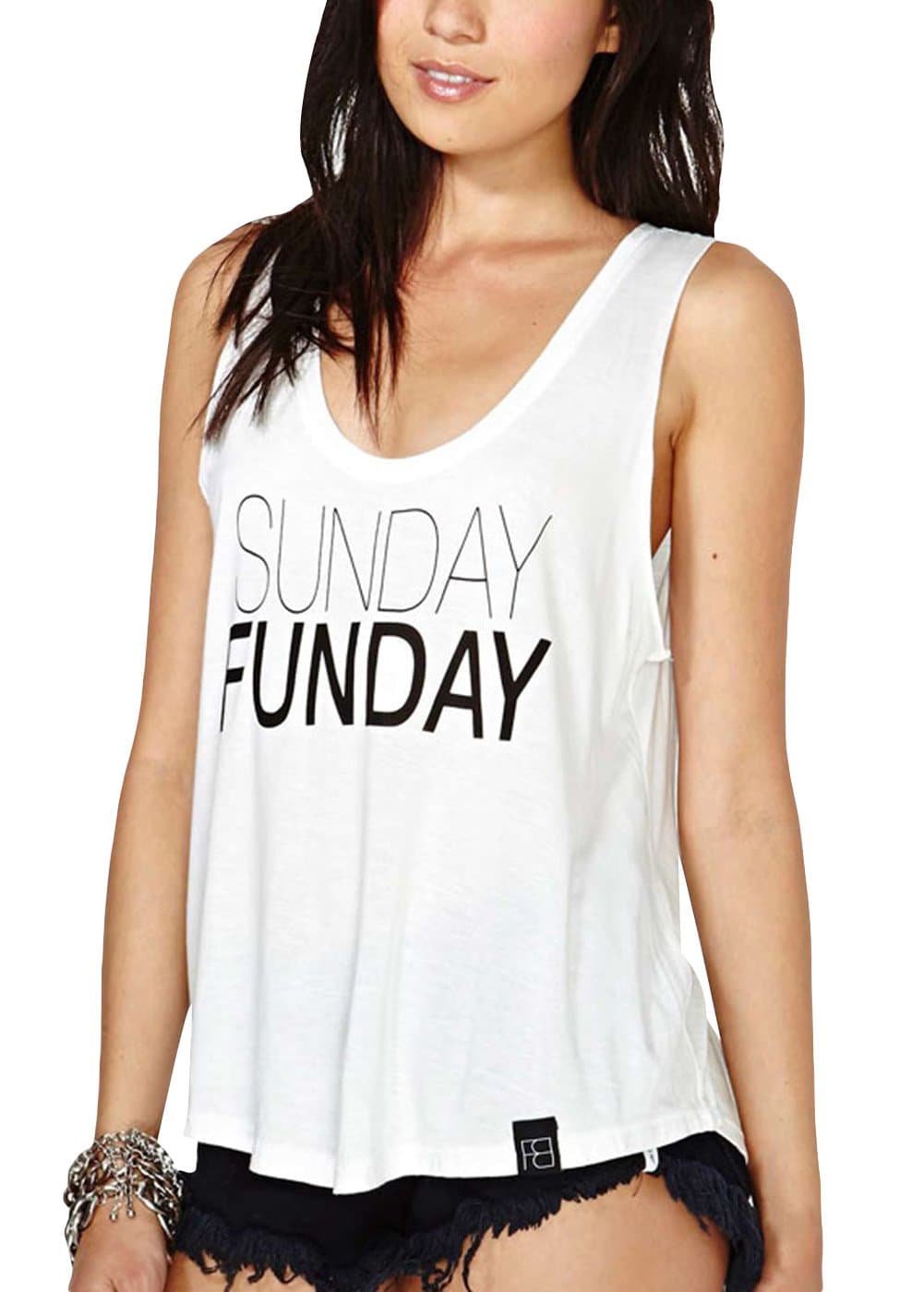 ManyDY Women's Summer White Sunday Funday Scoop Neck Casual Shirt Tank Top