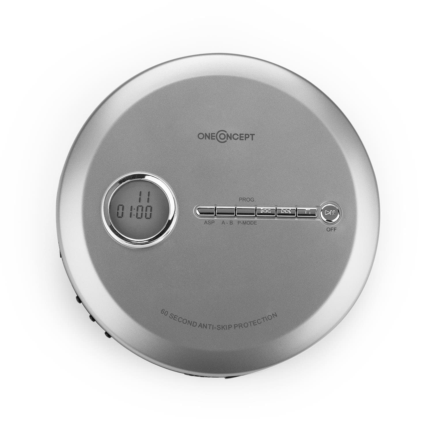 OneConcept CDC 100MP3 Discman - USB, Antishock, CD-R/-RW-/-MP3, CD Player, Display, Bass Amplification, 2 x 1.5V, 3 Playback Modes, 8 Hours of Playing Time - Silver