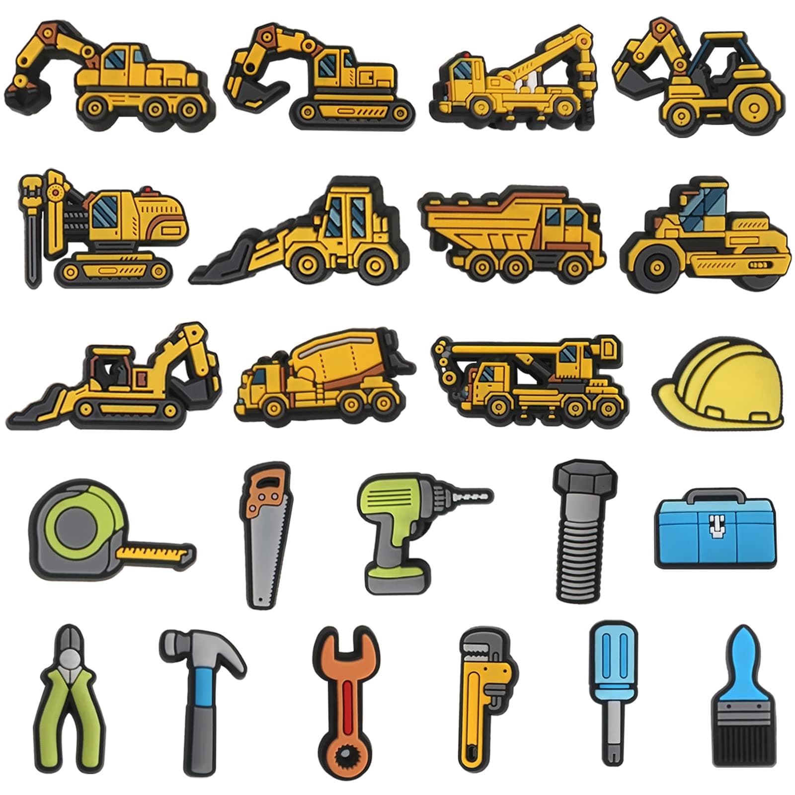 mortdConstruction Shoe Decoration Charms, 23 PCS Excavator Bulldozer Truck Helmet Shoe Charm for Shoe Wristband Clog Sandals Decor, PVC Shoe Charm Accessories for Party Favor Holiday Birthday Gifts