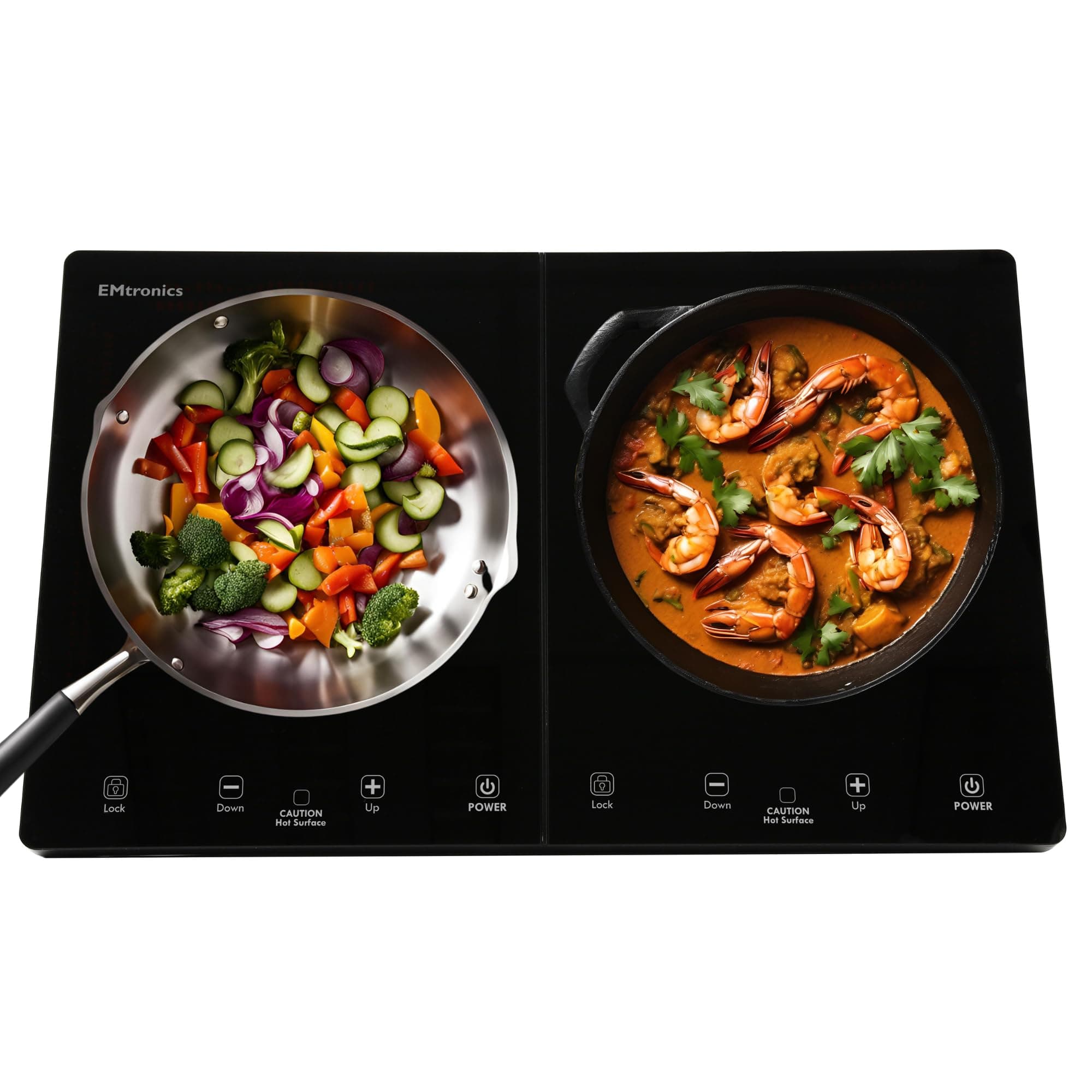 EMtronics 2800W Double Induction Portable Cooker Hob with 9-Level Dual Temperature Control, Black Glass Top with Touch Sensor - Black