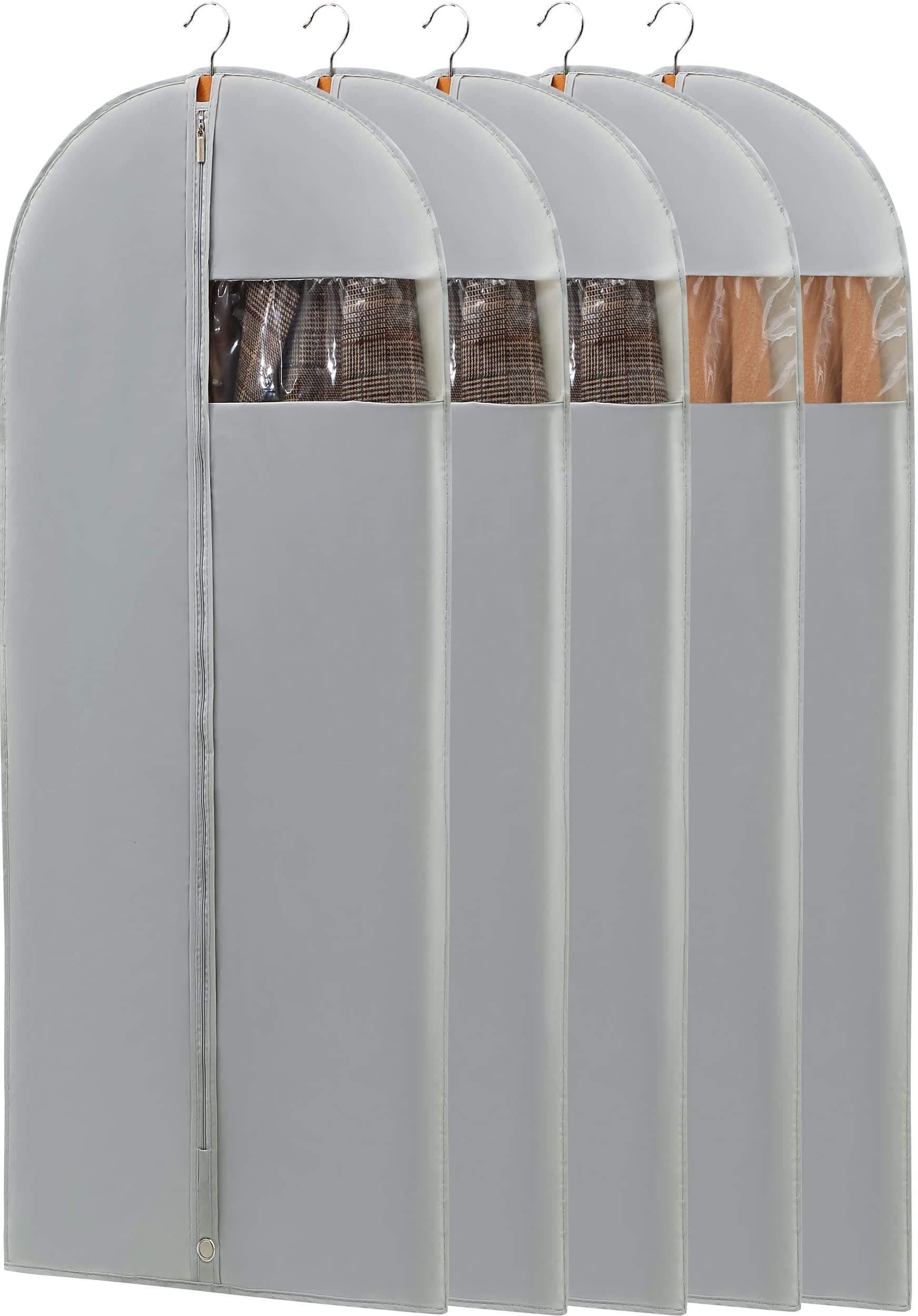 Perber Dress Bags for Gowns, 65'' Long Garment Bags for Hanging Clothes, Dress Garment Bag, Grey Dress Cover with Clear Window for Dresses, Coats, Uniforms - 5 Pack