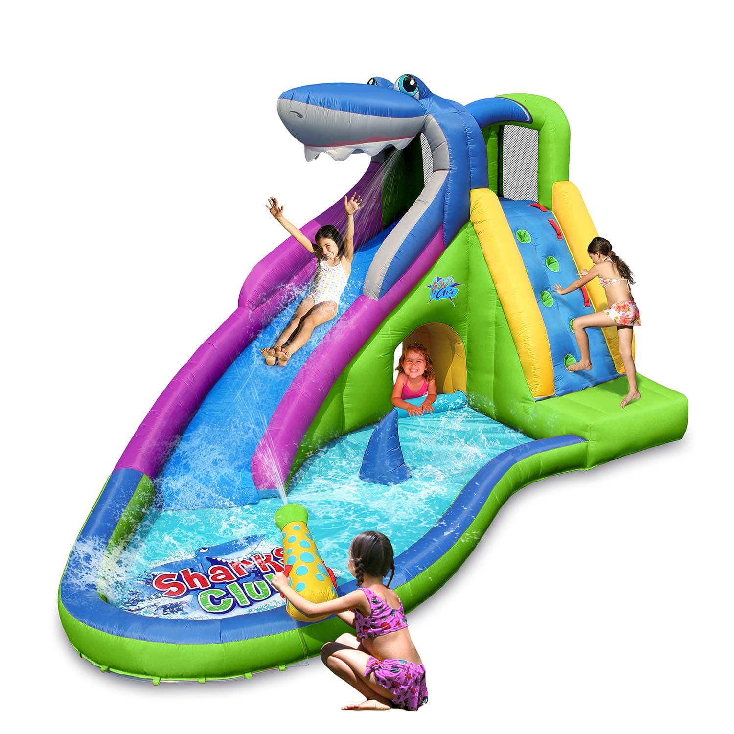 - ACTION AIR Inflatable Water Slide, Shark Bounce House with Slide for Wet and Dry, Playground Sets for Kids Backyard, Water Spray & Water Pool, Durable Sewn with Extra Thick Material