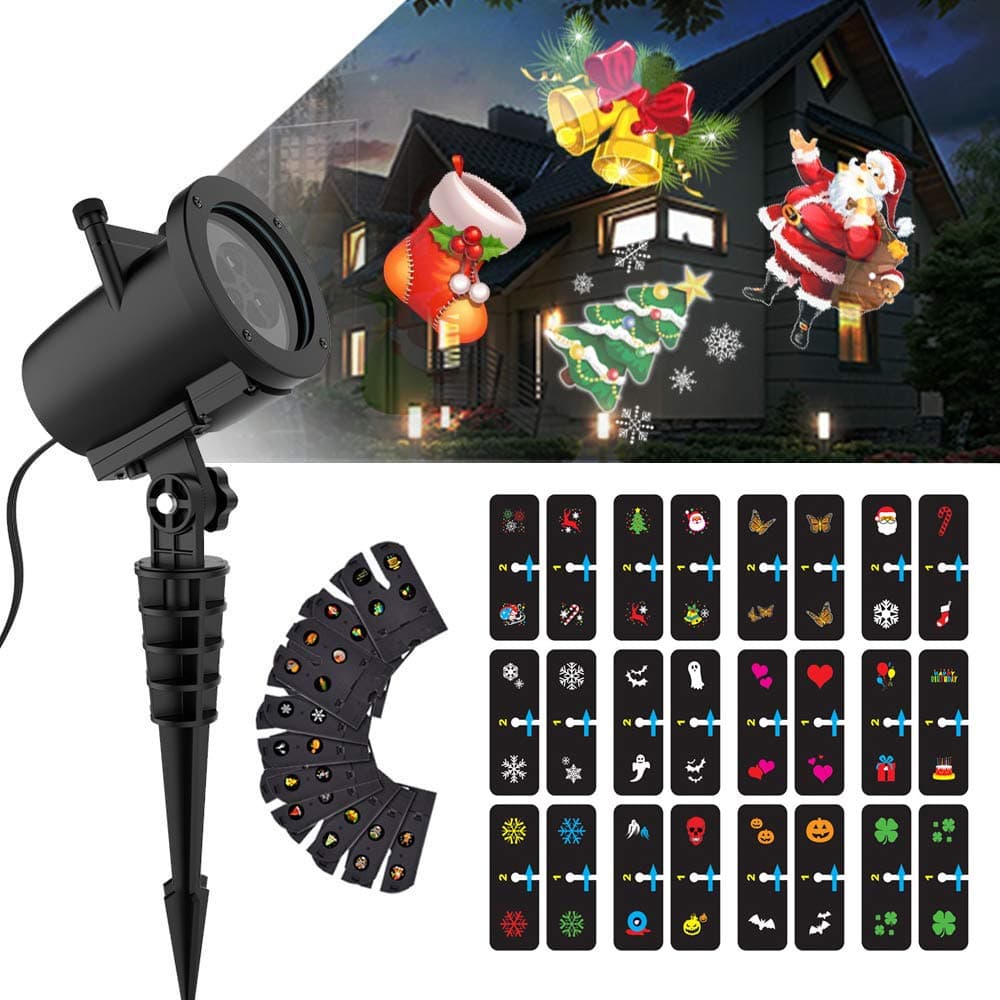 Projection Lights,DAMPOL Waterproof Outdoor 12 Patterns Slide Replaceable Colorful LED Rotating Projector Lamp Garden Landscape Projection Led Light for Christmas Halloween Birthday Wedding Party