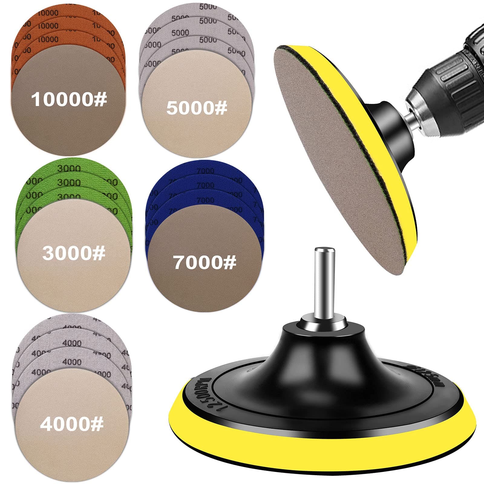 20PCS Water Grit Sandpaper 3000/4000/5000/7000/10000 and 5-inch Backing Pad Set, Wet Dry Electric Hook &Loop Sanding Disc with Pad, Grinding Abrasive Paper and Orbital Sander Polisher
