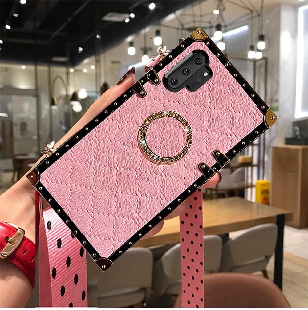 for Samsung Galaxy Note 10 Plus Case,BabeMall Luxury Grid Lattice Metal Four Corner Protective Square PU Leather Back Classic TPU Strap Case with Holder - Pink
