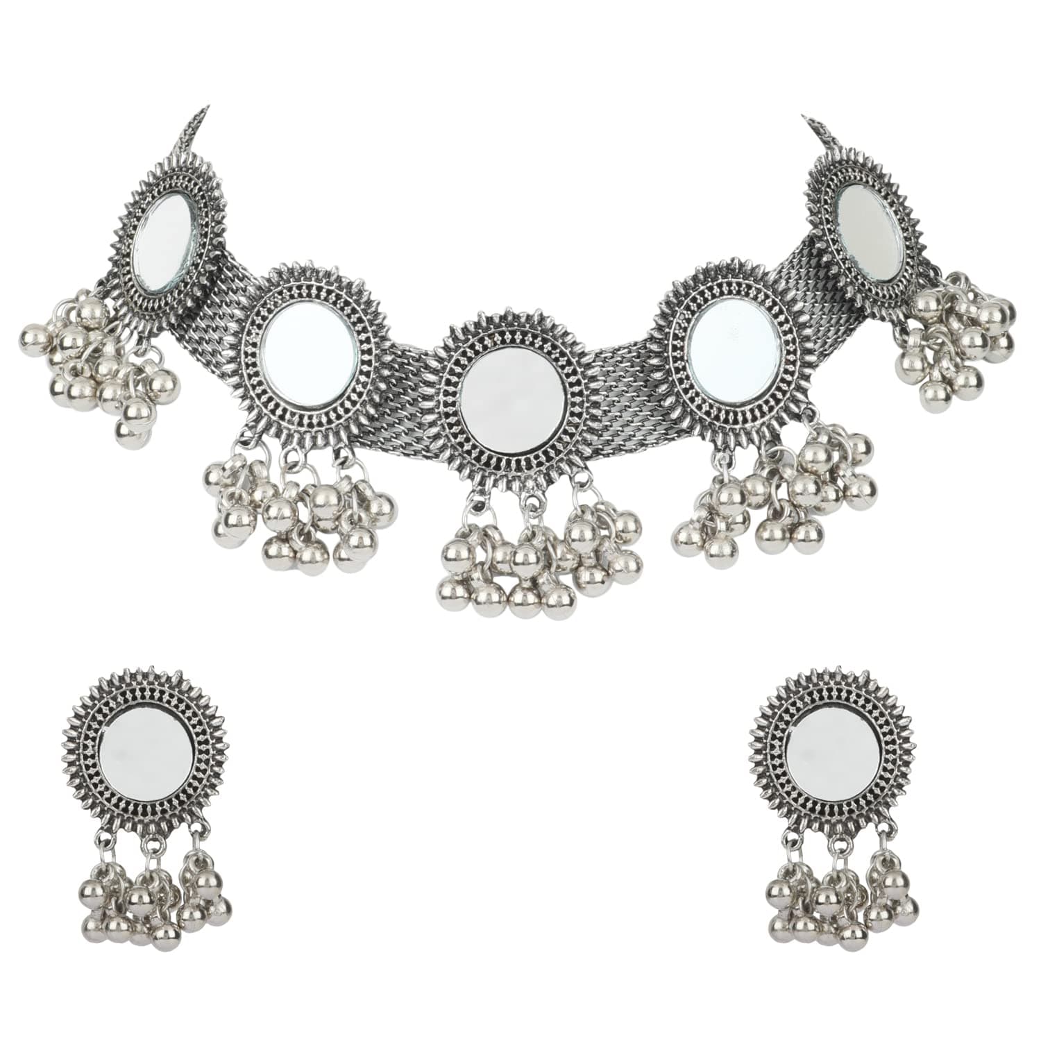 Latest Stylish Fancy Oxidised Silver Tribal Choker Necklace Jewellery Set for Women (12162s), One Size
