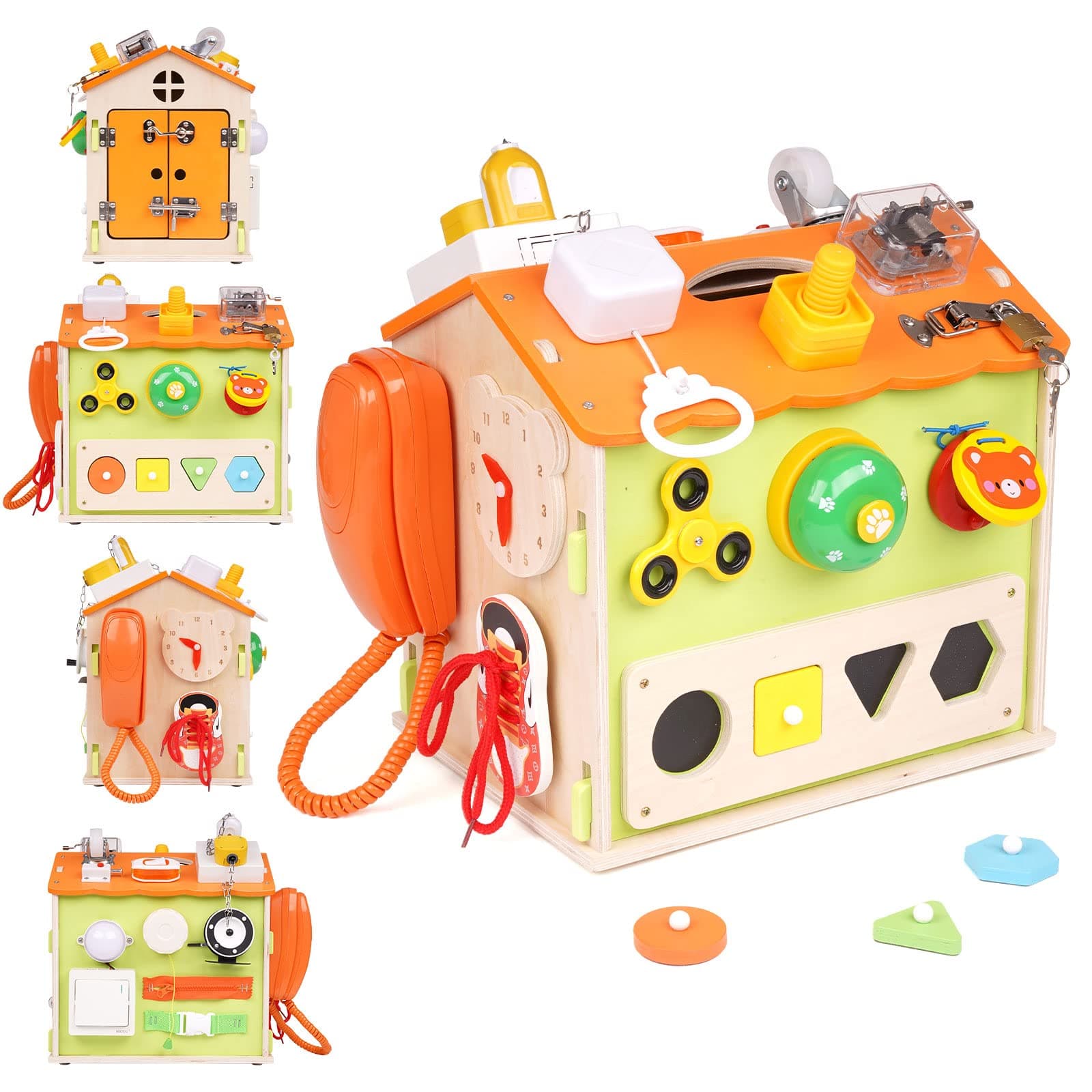 Wooden House Busy Board for Toddlers Montessori Toys,Activity Cube Busy House Sensory Board Activity Board for Fine Motor Skills, Educational Learning Toy for Boys & Girls Music Board