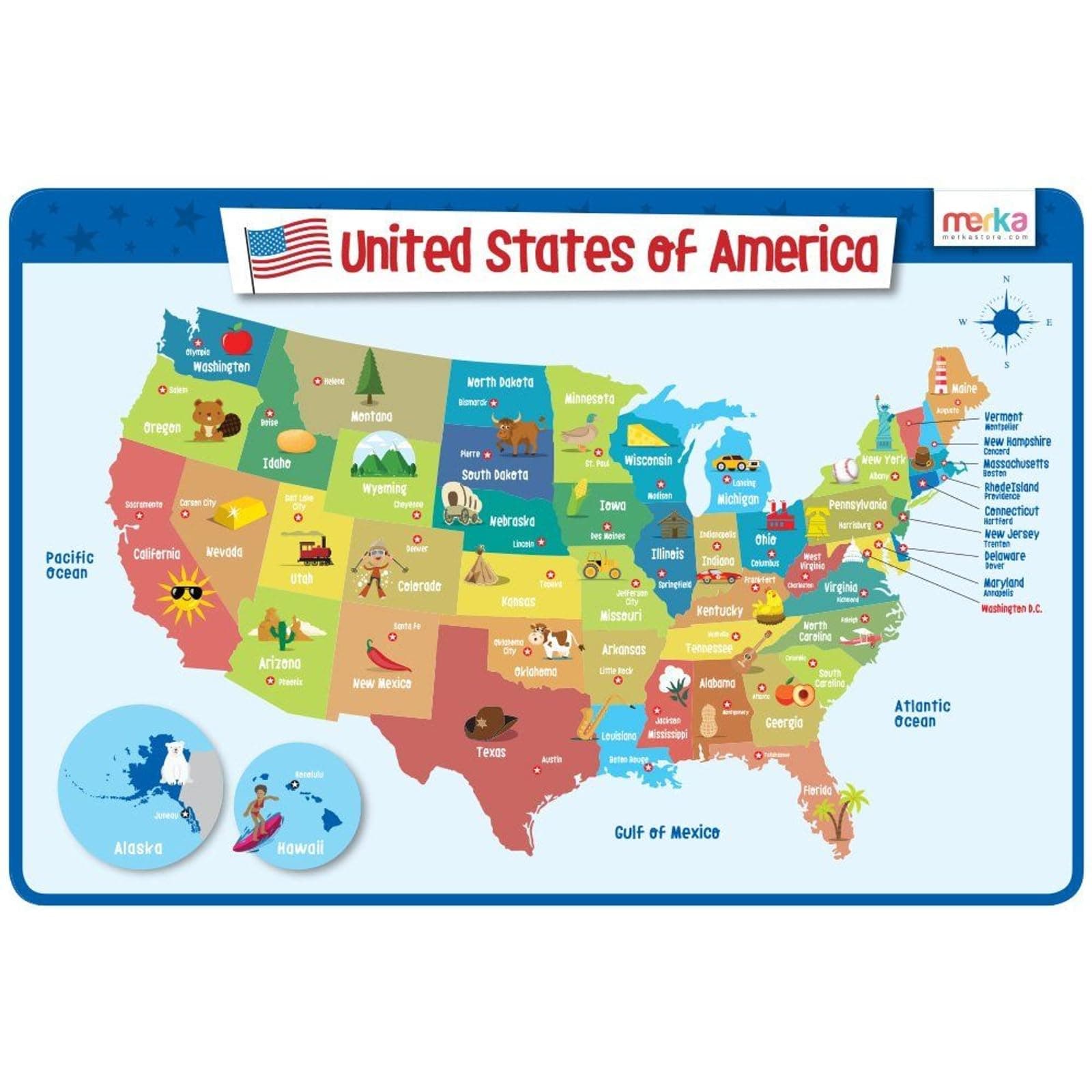 merka United States Map Placemat - 17 x 11 in, Laminated, Multicolor - Reusable Kids Dining Mat with Secure Backing & State Capitals Map