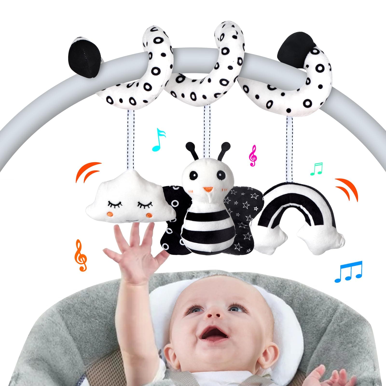 Car Seat Toys, Infant Baby Spiral Activity Hanging Toys Stroller Toys for Car Seat Stroller Bar Crib Bassinet Mobile with BB Squeaker and Rattles (Bee)