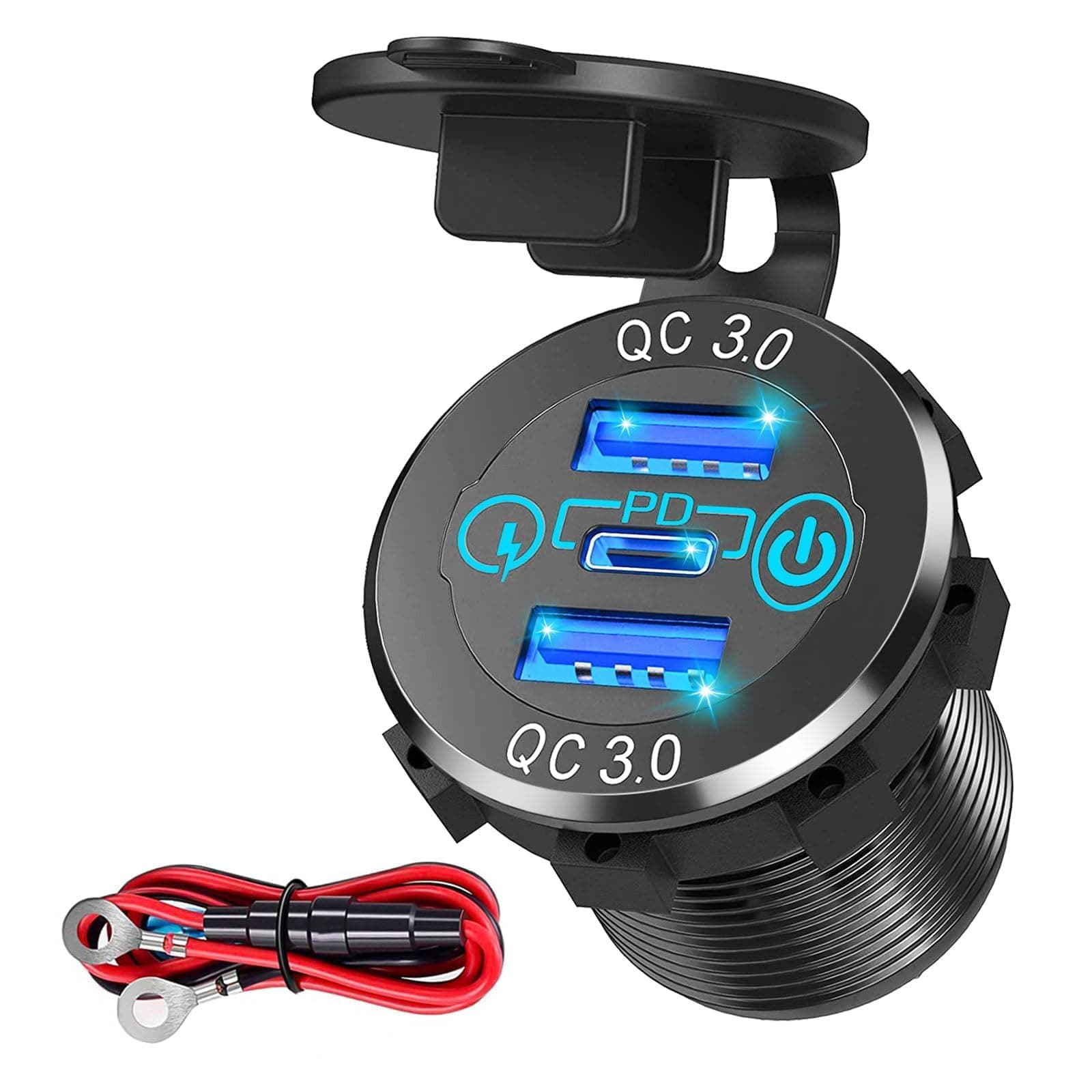 USB C Car Charger Socket, 30W PD Type-C & 30W Dual QC 3.0 USB Socket Port with Touch Switch for 12V/24V Car RV Marine