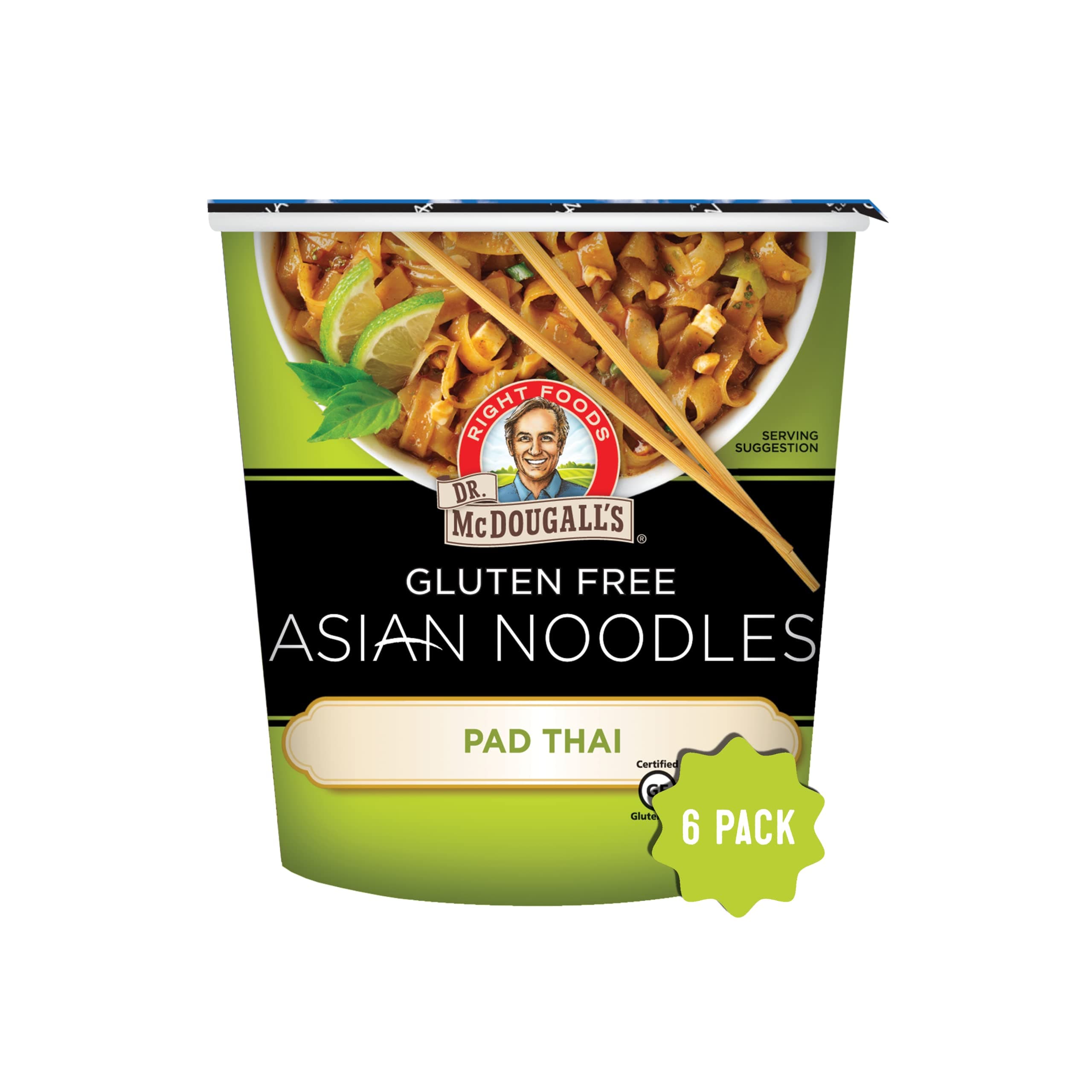 Dr. McDougall's Right Foods Asian Entree Pad Thai Noodle, 2 Ounce Cups (Pack of 6) Gluten-Free, Non-GMO, No Added Oil, Paper Cups From Certified Sustainably-Managed Forests
